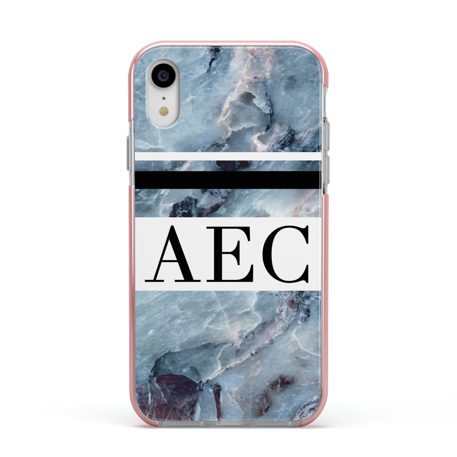 Personalised Initials Marble 9 Apple iPhone XR Impact Case Pink Edge on Silver Phone