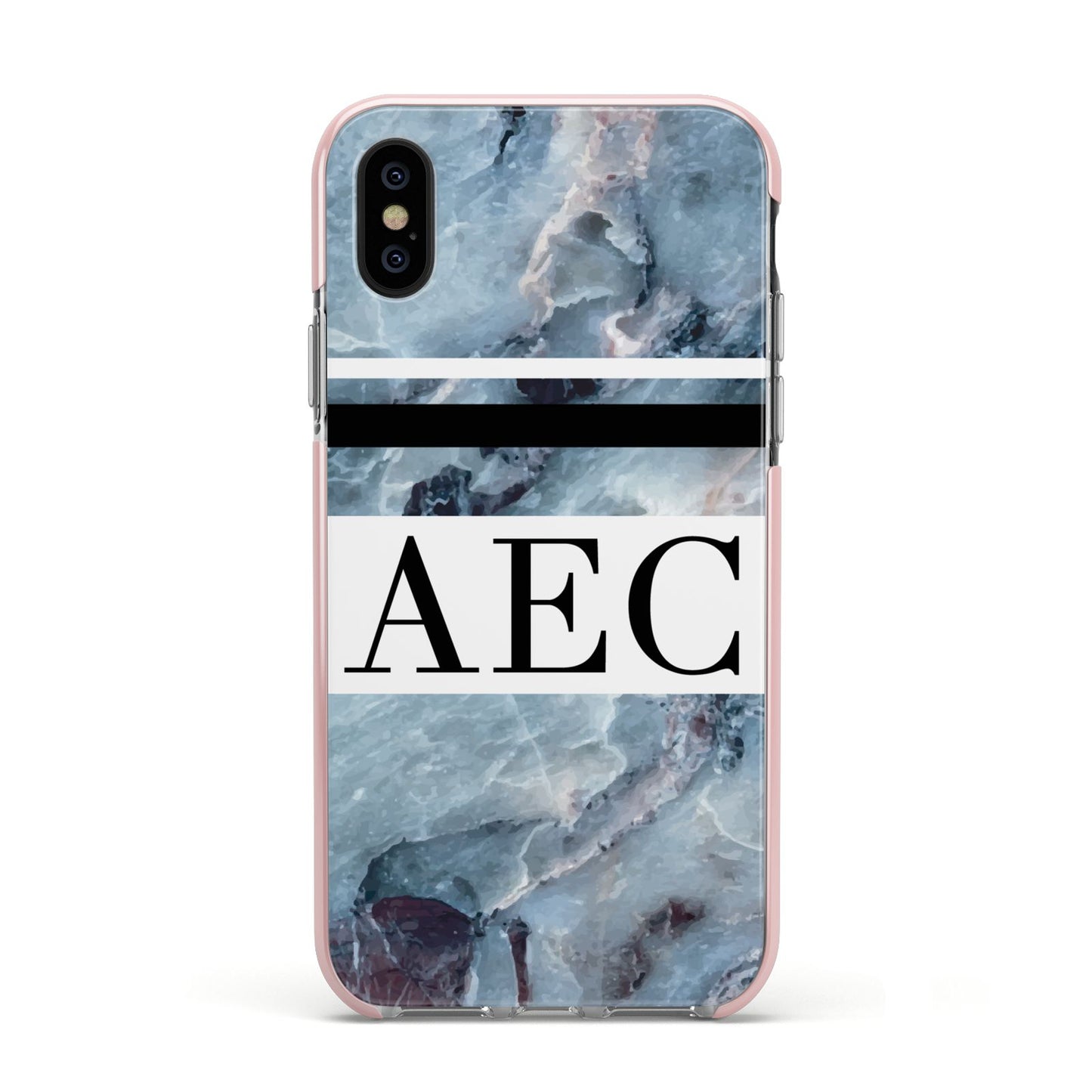 Personalised Initials Marble 9 Apple iPhone Xs Impact Case Pink Edge on Black Phone