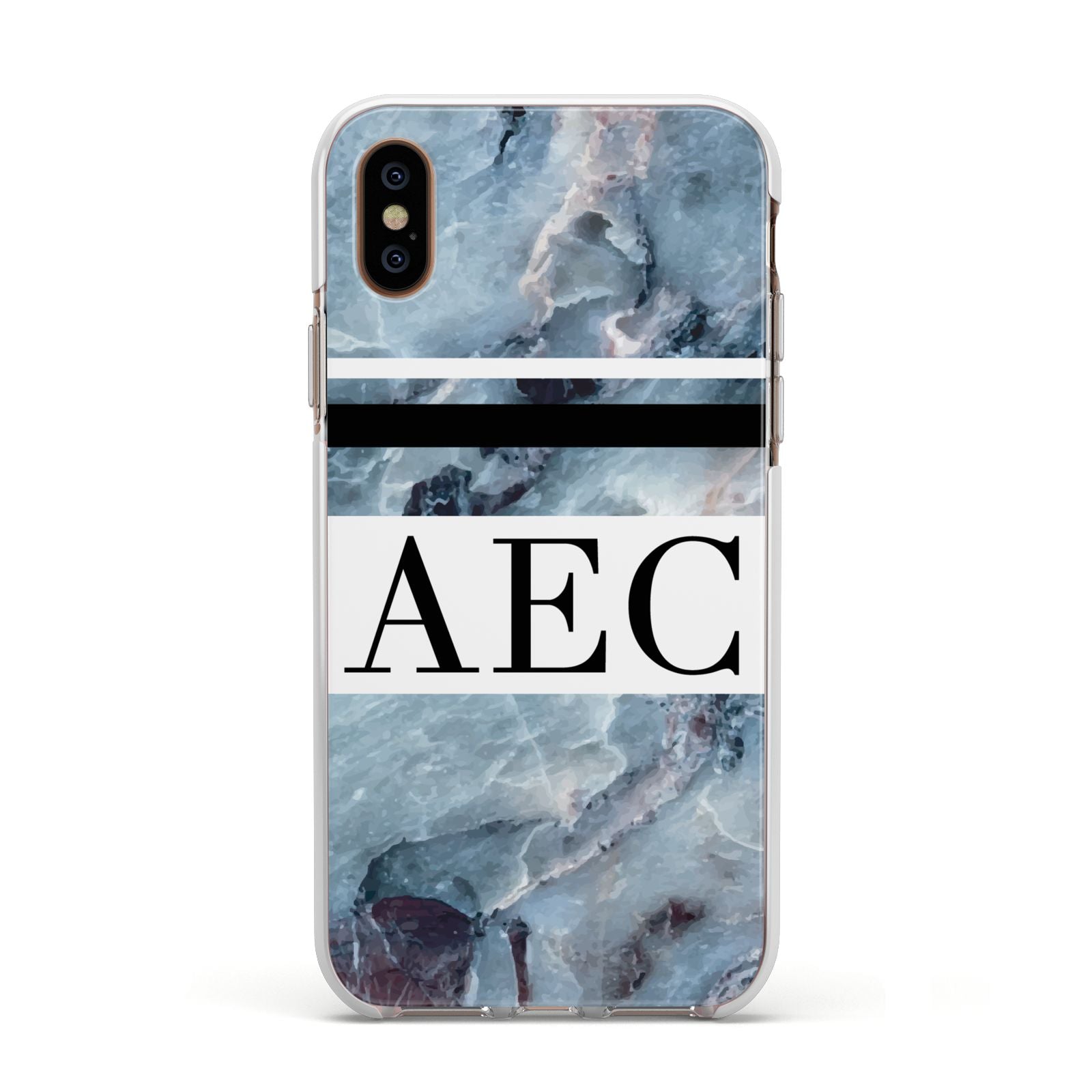 Personalised Initials Marble 9 Apple iPhone Xs Impact Case White Edge on Gold Phone