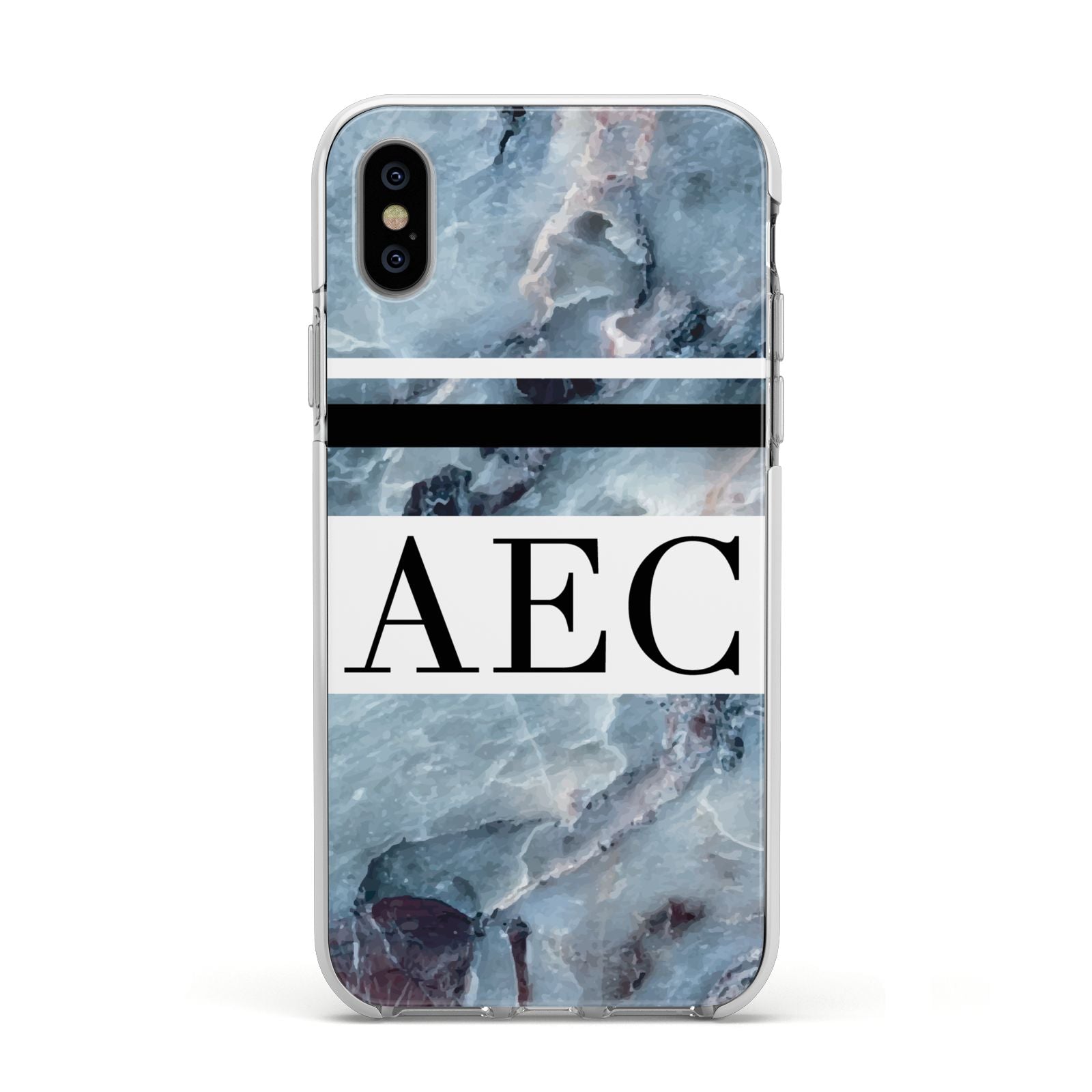 Personalised Initials Marble 9 Apple iPhone Xs Impact Case White Edge on Silver Phone