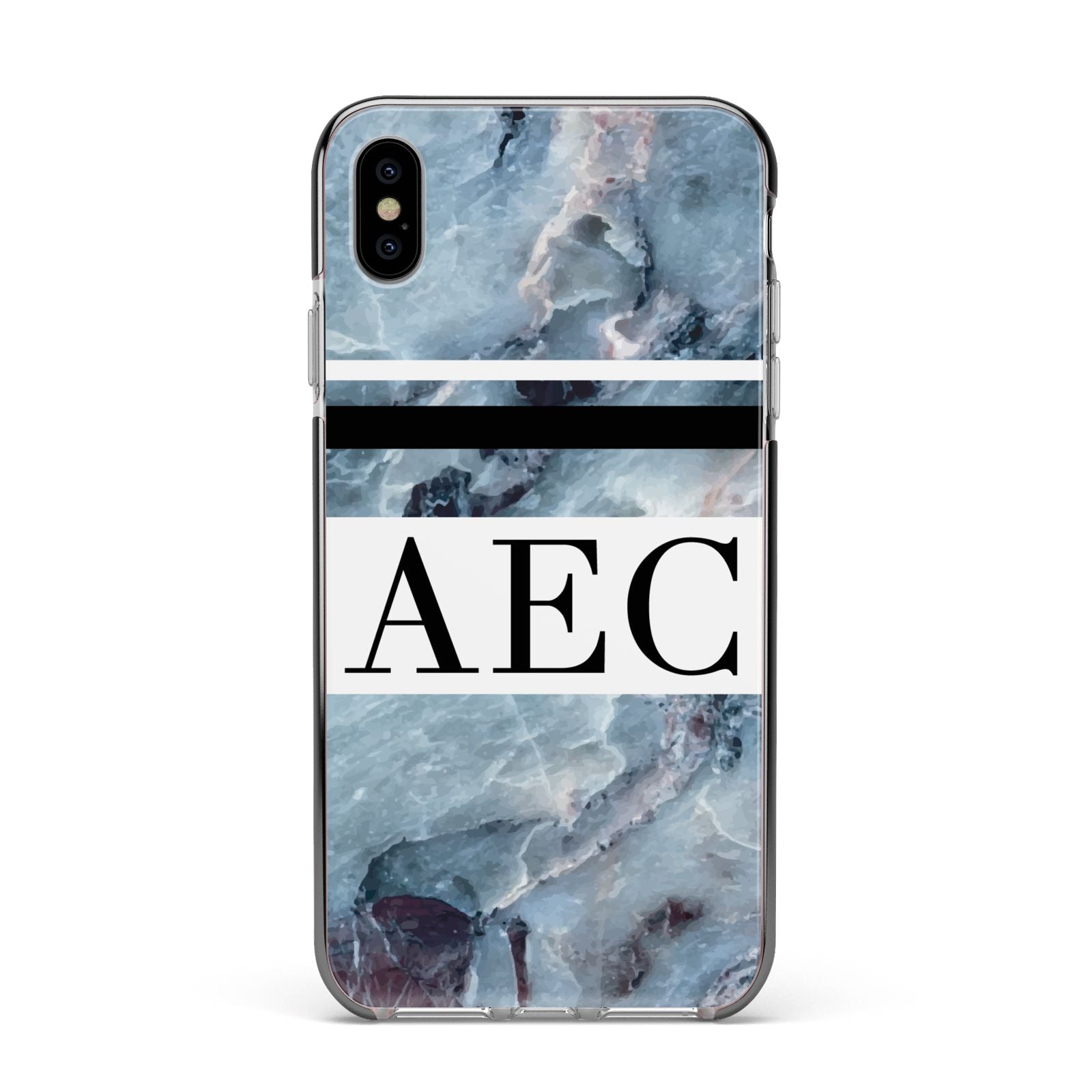 Personalised Initials Marble 9 Apple iPhone Xs Max Impact Case Black Edge on Silver Phone