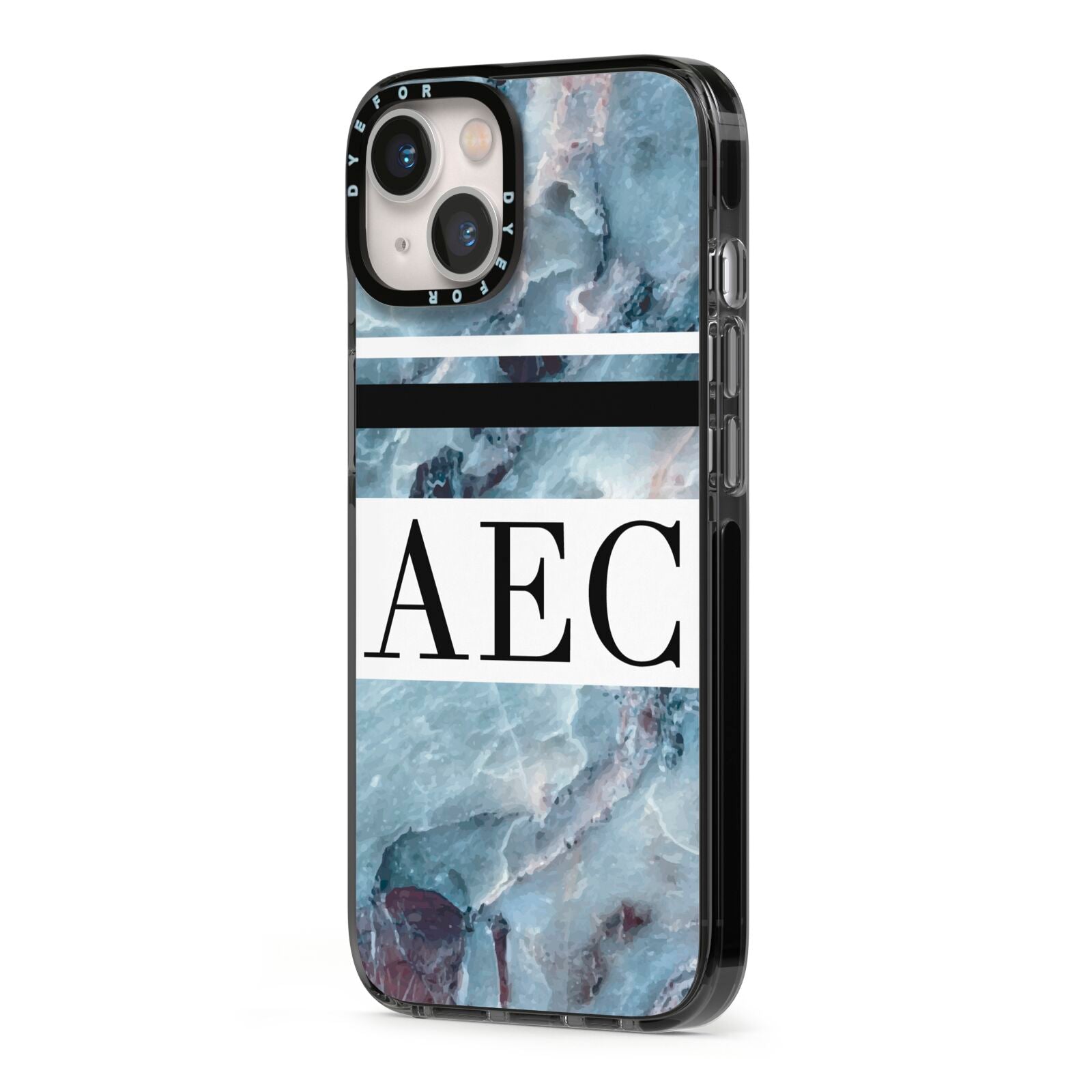 Personalised Initials Marble 9 iPhone 13 Black Impact Case Side Angle on Silver phone