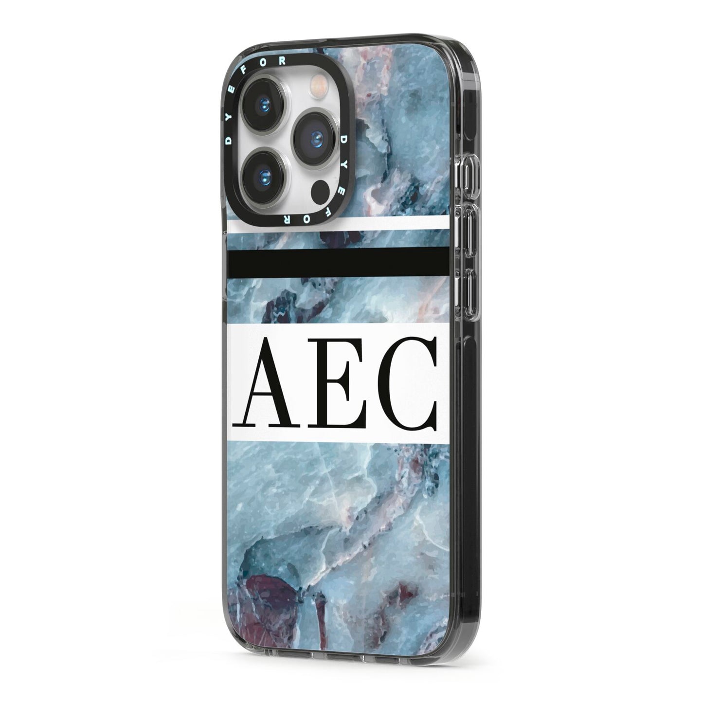 Personalised Initials Marble 9 iPhone 13 Pro Black Impact Case Side Angle on Silver phone