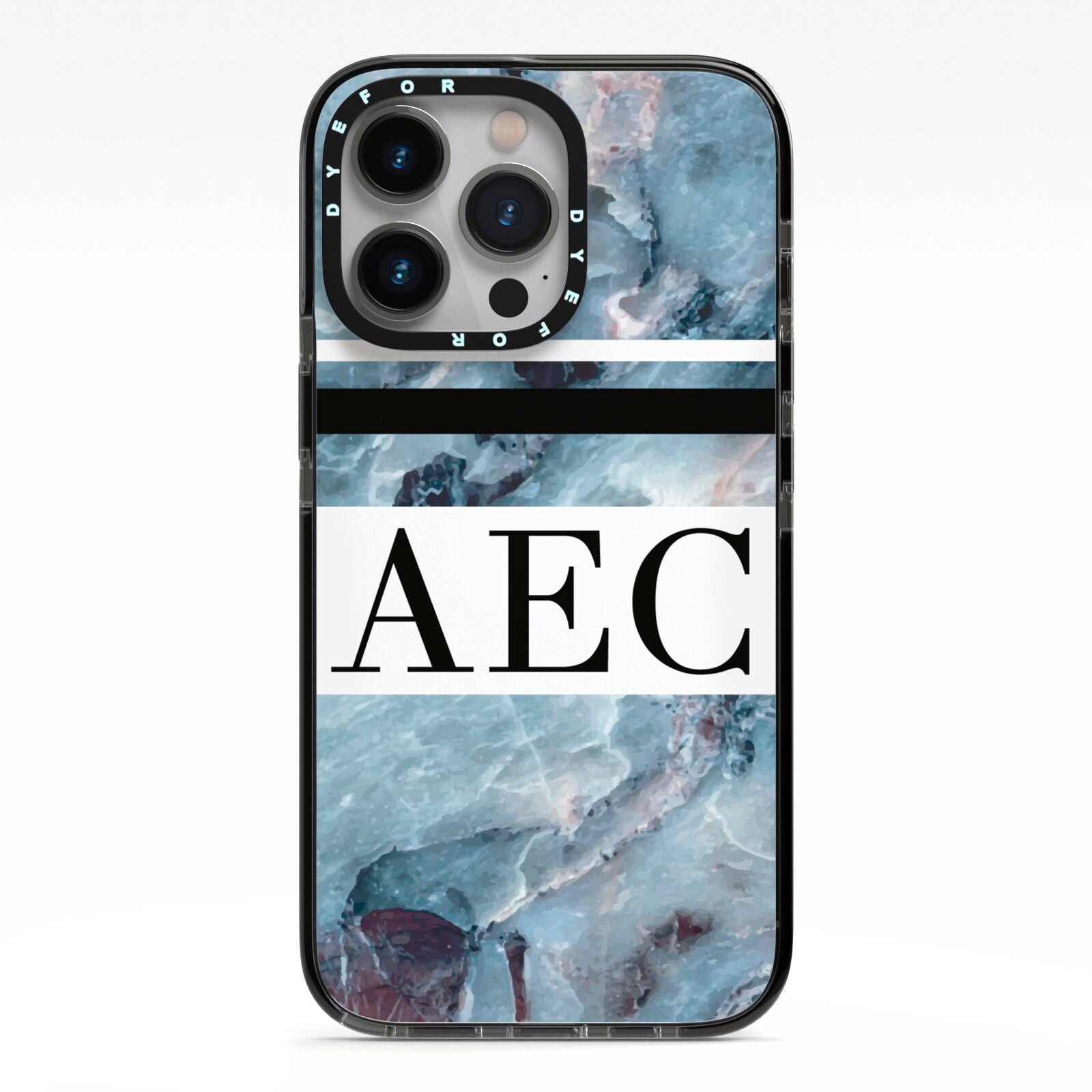 Personalised Initials Marble 9 iPhone 13 Pro Black Impact Case on Silver phone