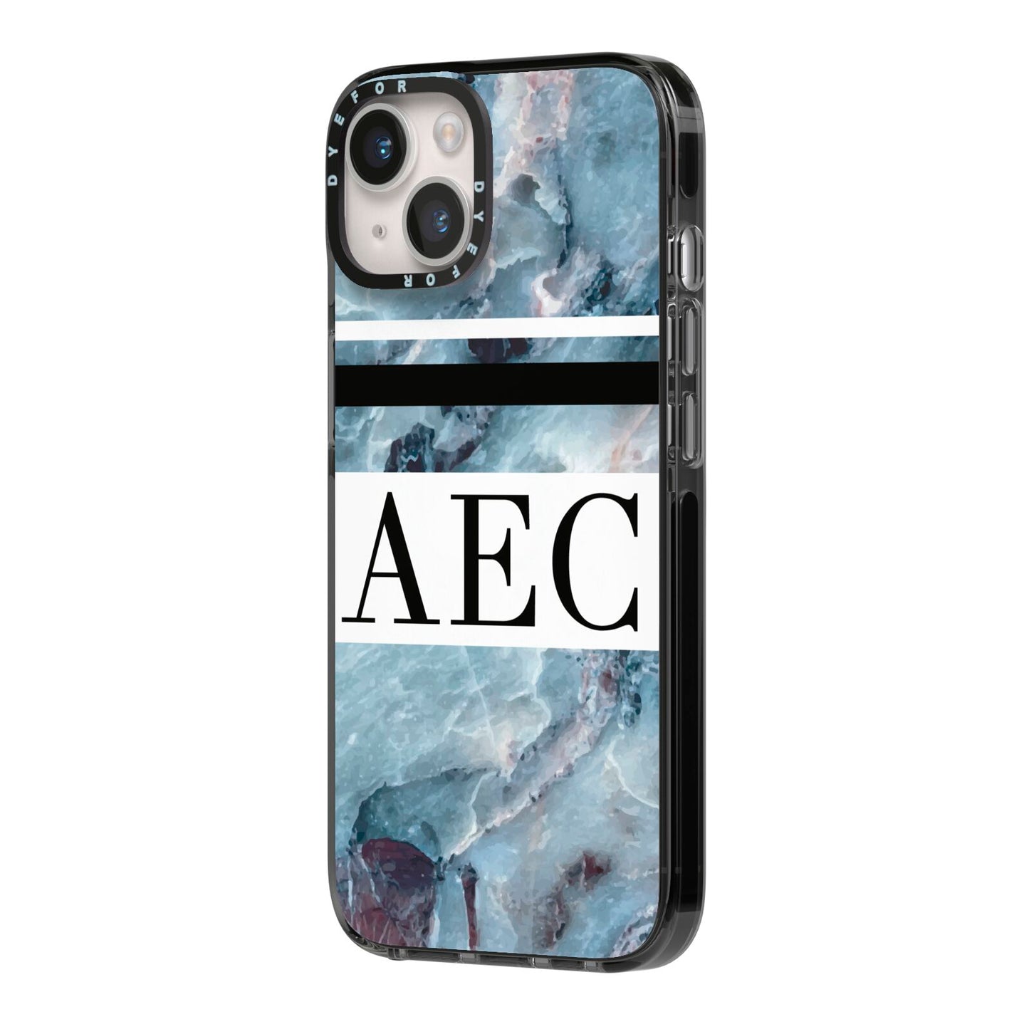 Personalised Initials Marble 9 iPhone 14 Black Impact Case Side Angle on Silver phone
