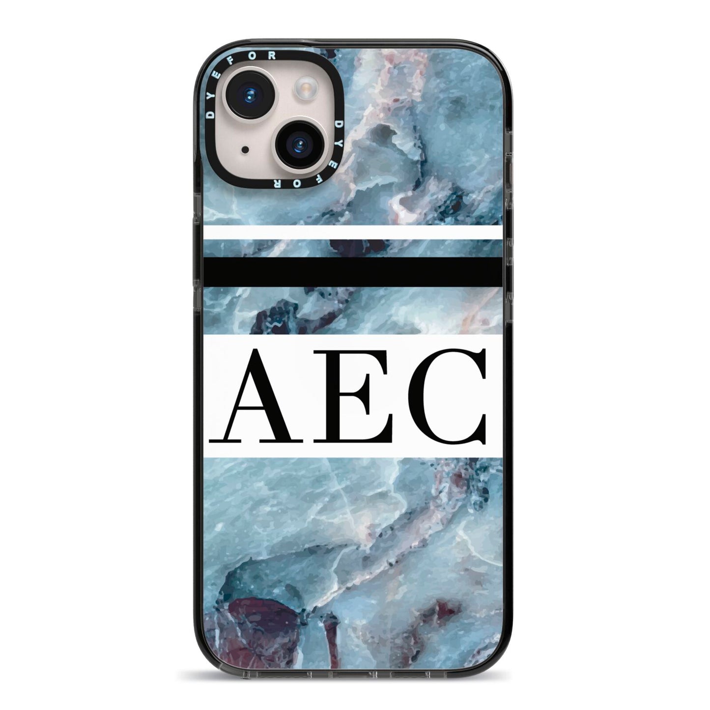 Personalised Initials Marble 9 iPhone 14 Plus Black Impact Case on Silver phone