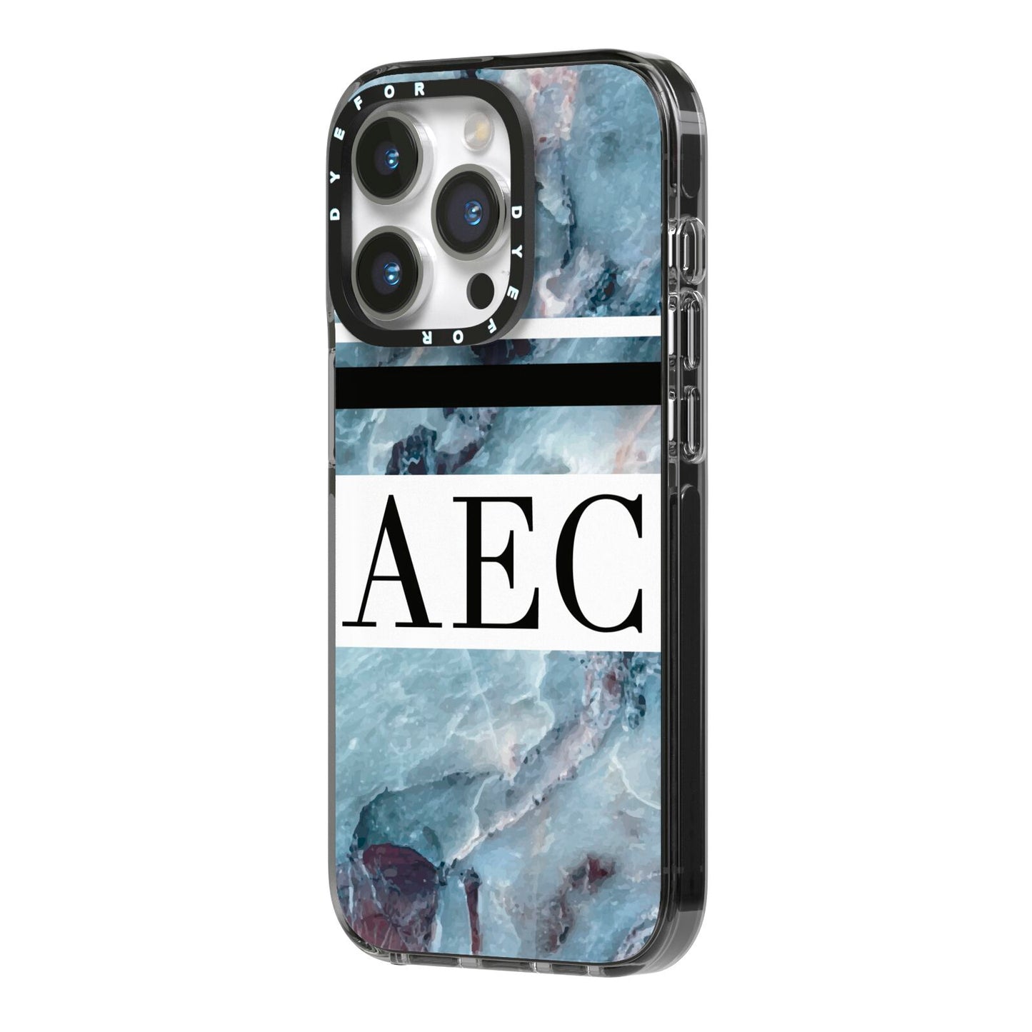 Personalised Initials Marble 9 iPhone 14 Pro Black Impact Case Side Angle on Silver phone