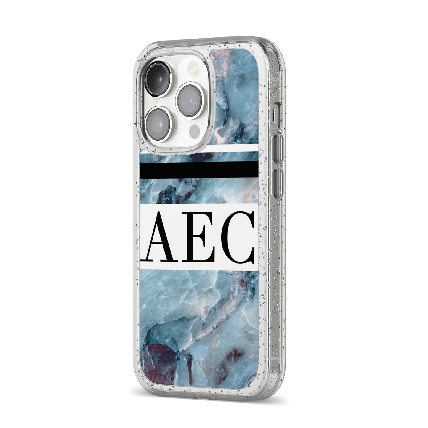 Personalised Initials Marble 9 iPhone 14 Pro Glitter Tough Case Silver Angled Image