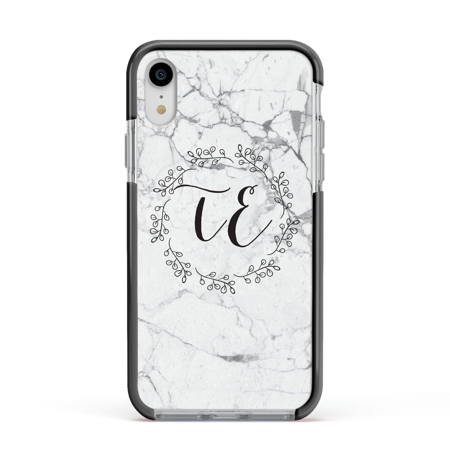 Personalised Initials Marble Apple iPhone XR Impact Case Black Edge on Silver Phone