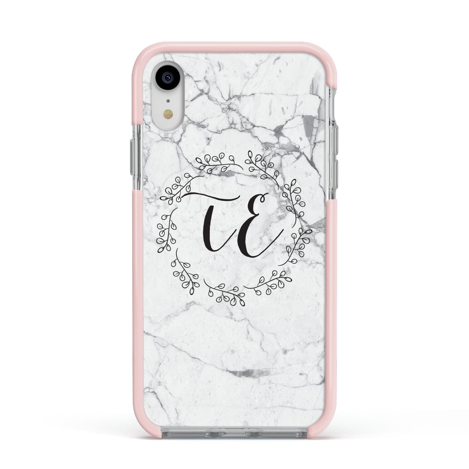 Personalised Initials Marble Apple iPhone XR Impact Case Pink Edge on Silver Phone