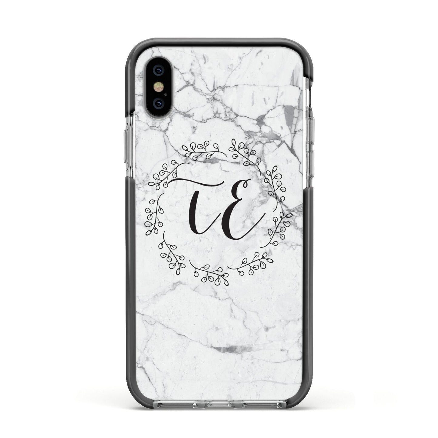 Personalised Initials Marble Apple iPhone Xs Impact Case Black Edge on Silver Phone
