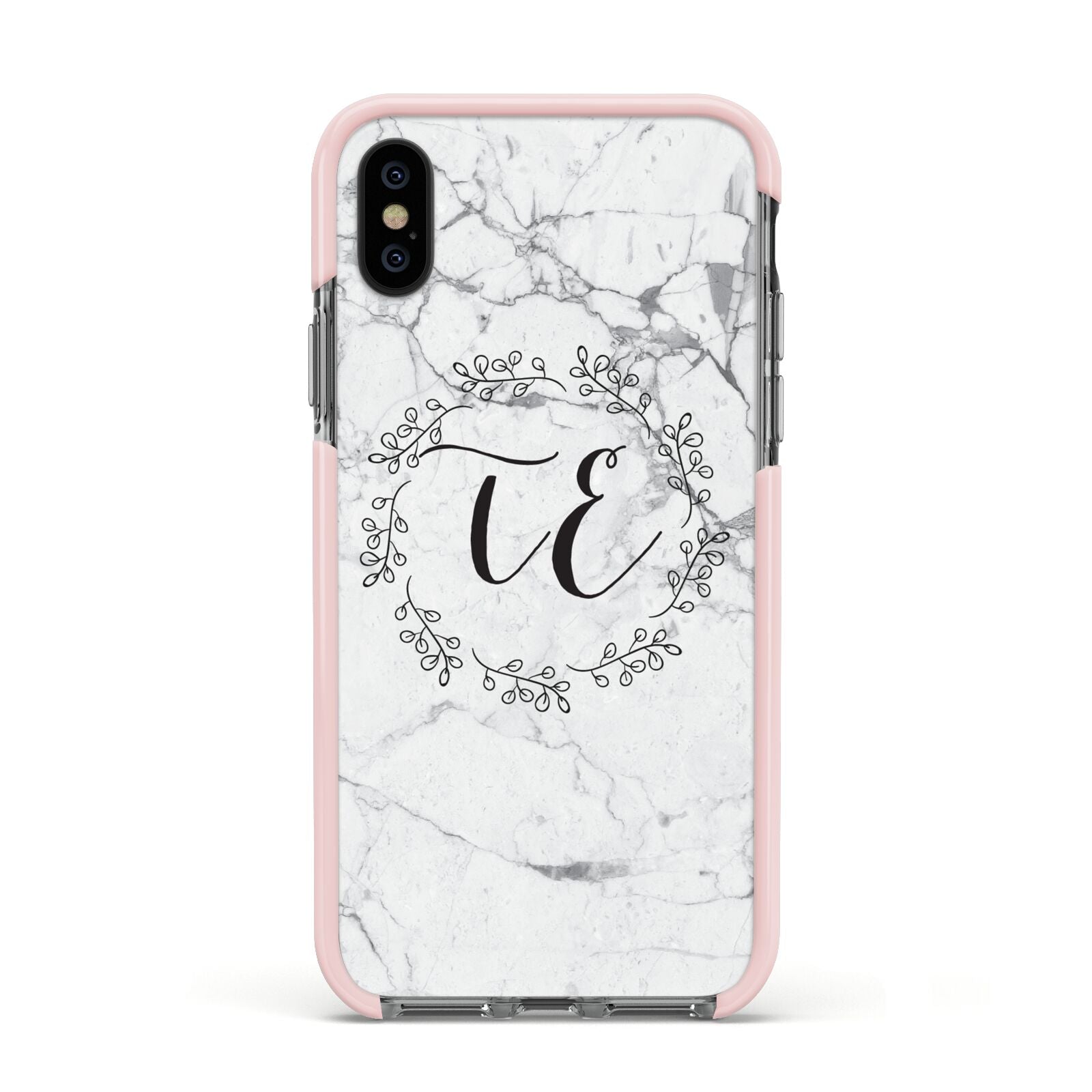 Personalised Initials Marble Apple iPhone Xs Impact Case Pink Edge on Black Phone