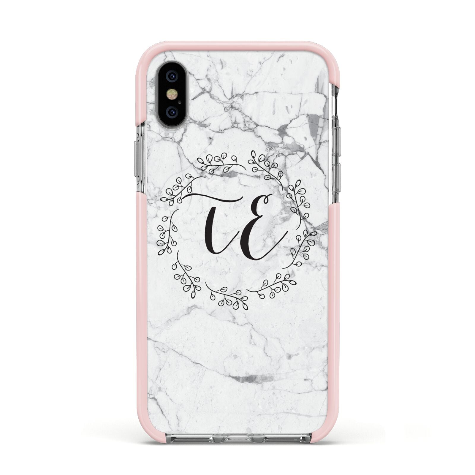 Personalised Initials Marble Apple iPhone Xs Impact Case Pink Edge on Silver Phone
