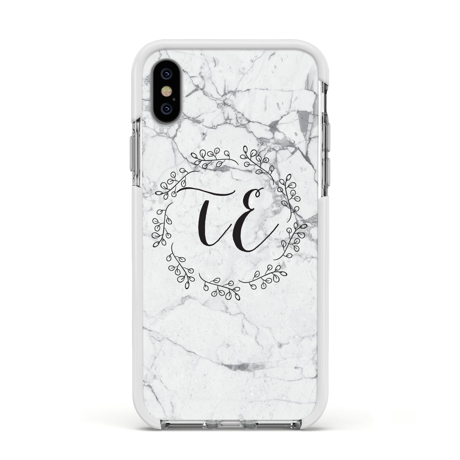 Personalised Initials Marble Apple iPhone Xs Impact Case White Edge on Silver Phone