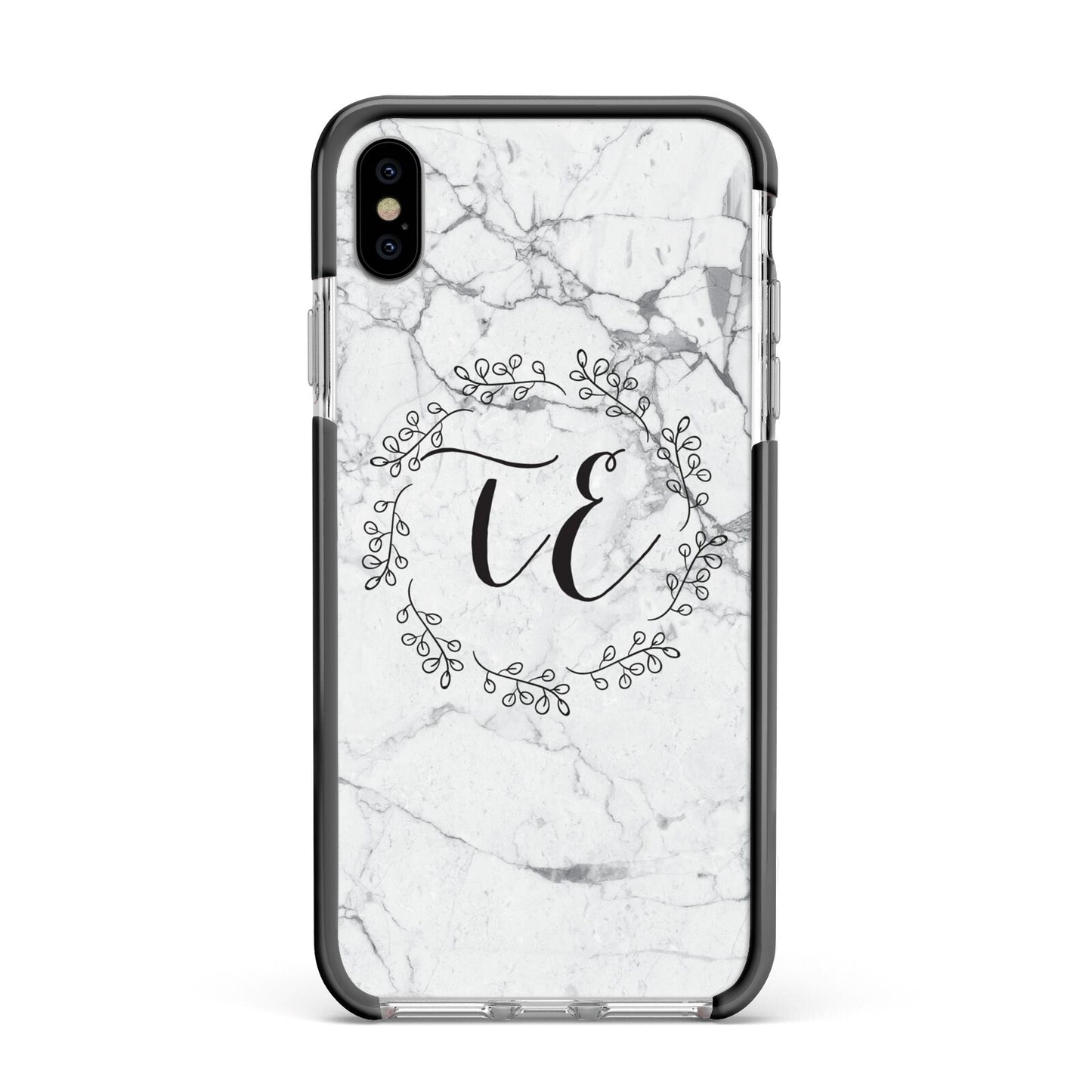 Personalised Initials Marble Apple iPhone Xs Max Impact Case Black Edge on Silver Phone