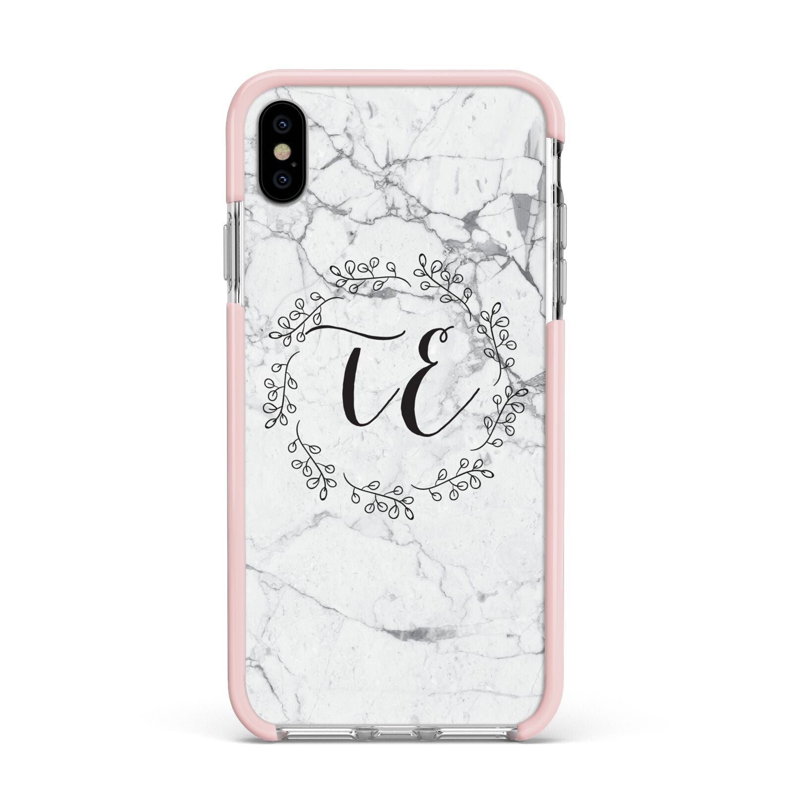 Personalised Initials Marble Apple iPhone Xs Max Impact Case Pink Edge on Silver Phone
