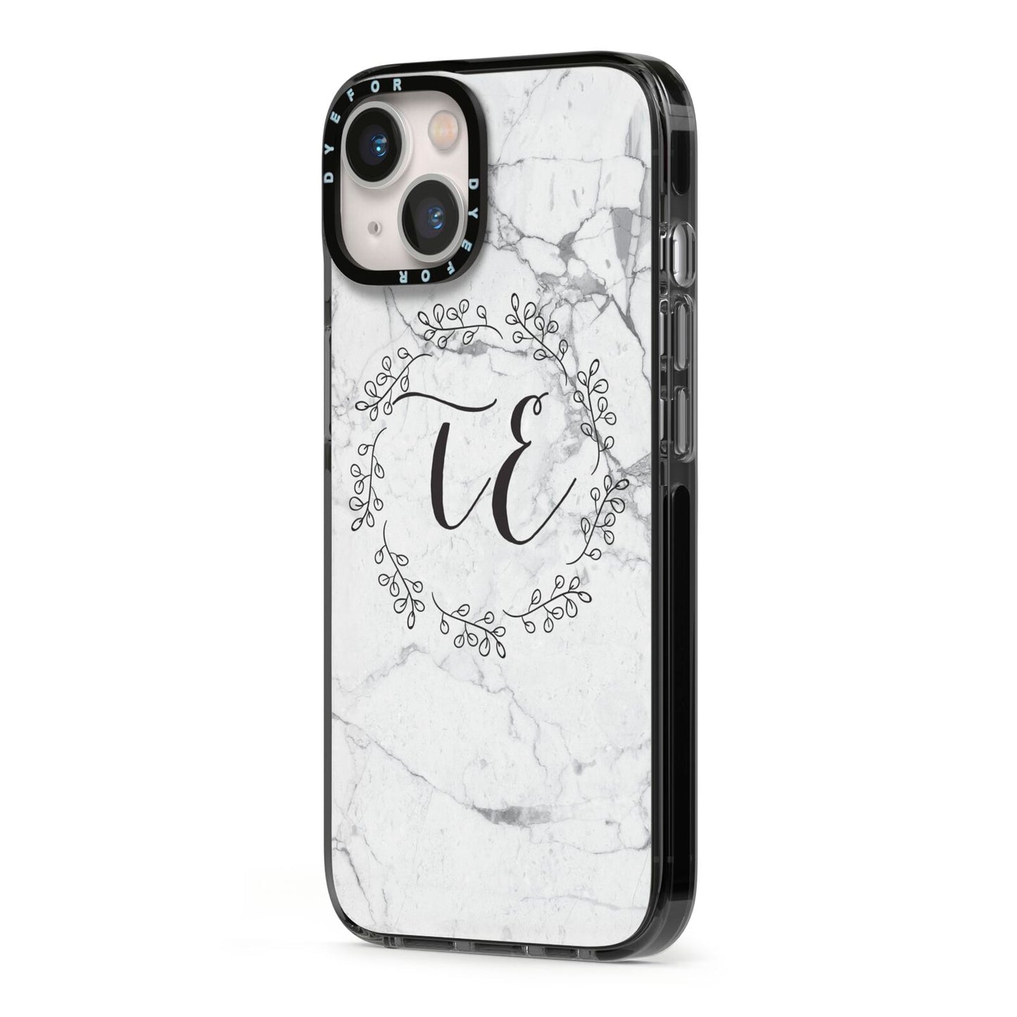 Personalised Initials Marble iPhone 13 Black Impact Case Side Angle on Silver phone