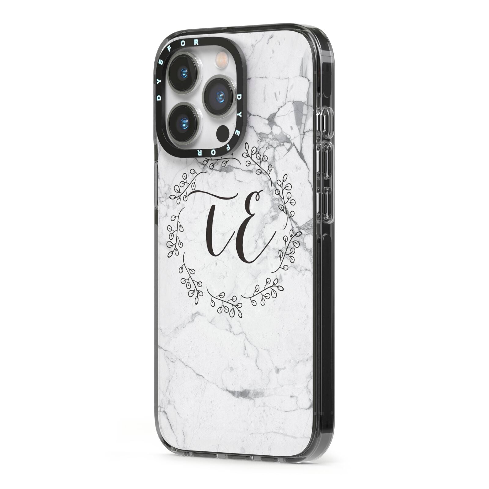 Personalised Initials Marble iPhone 13 Pro Black Impact Case Side Angle on Silver phone