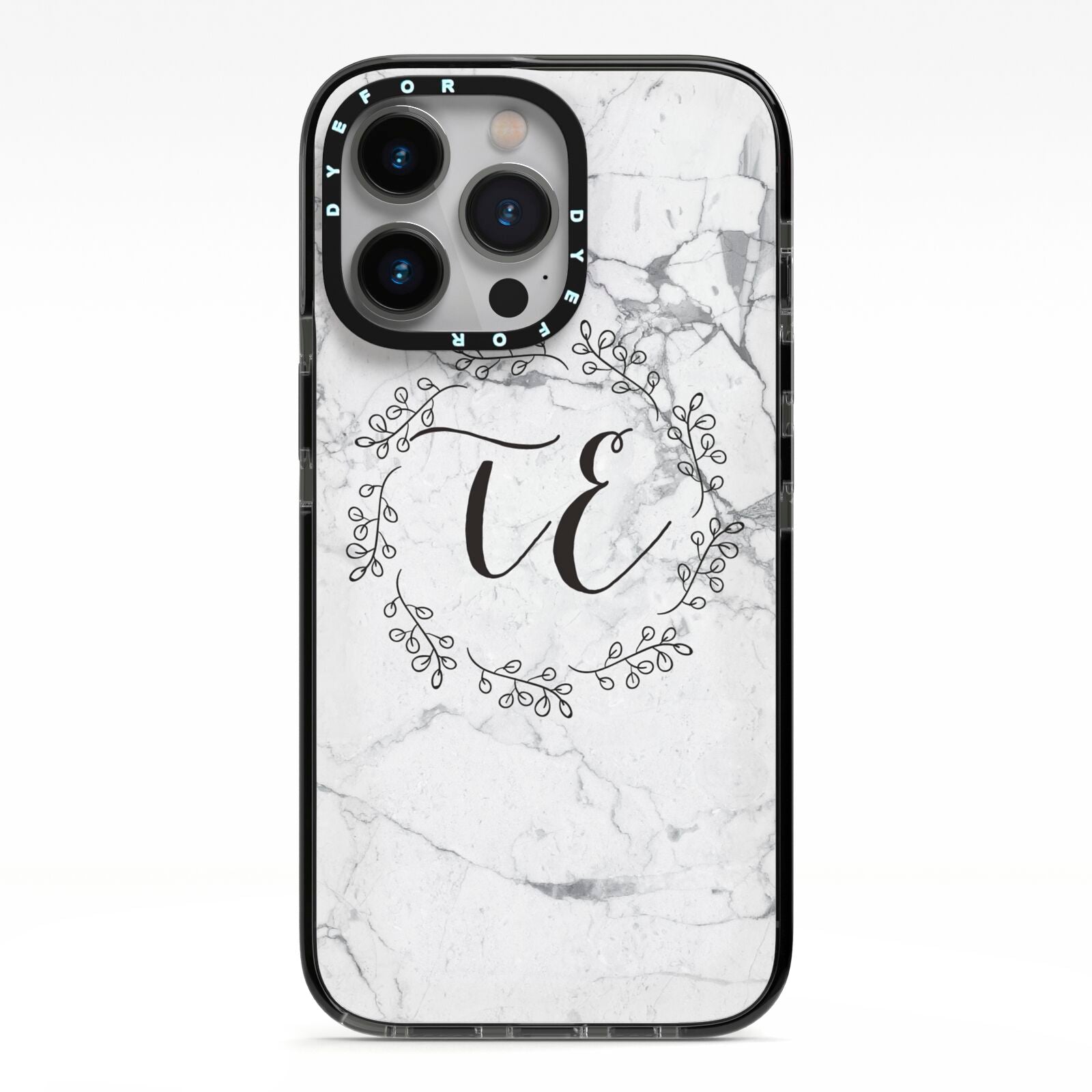 Personalised Initials Marble iPhone 13 Pro Black Impact Case on Silver phone
