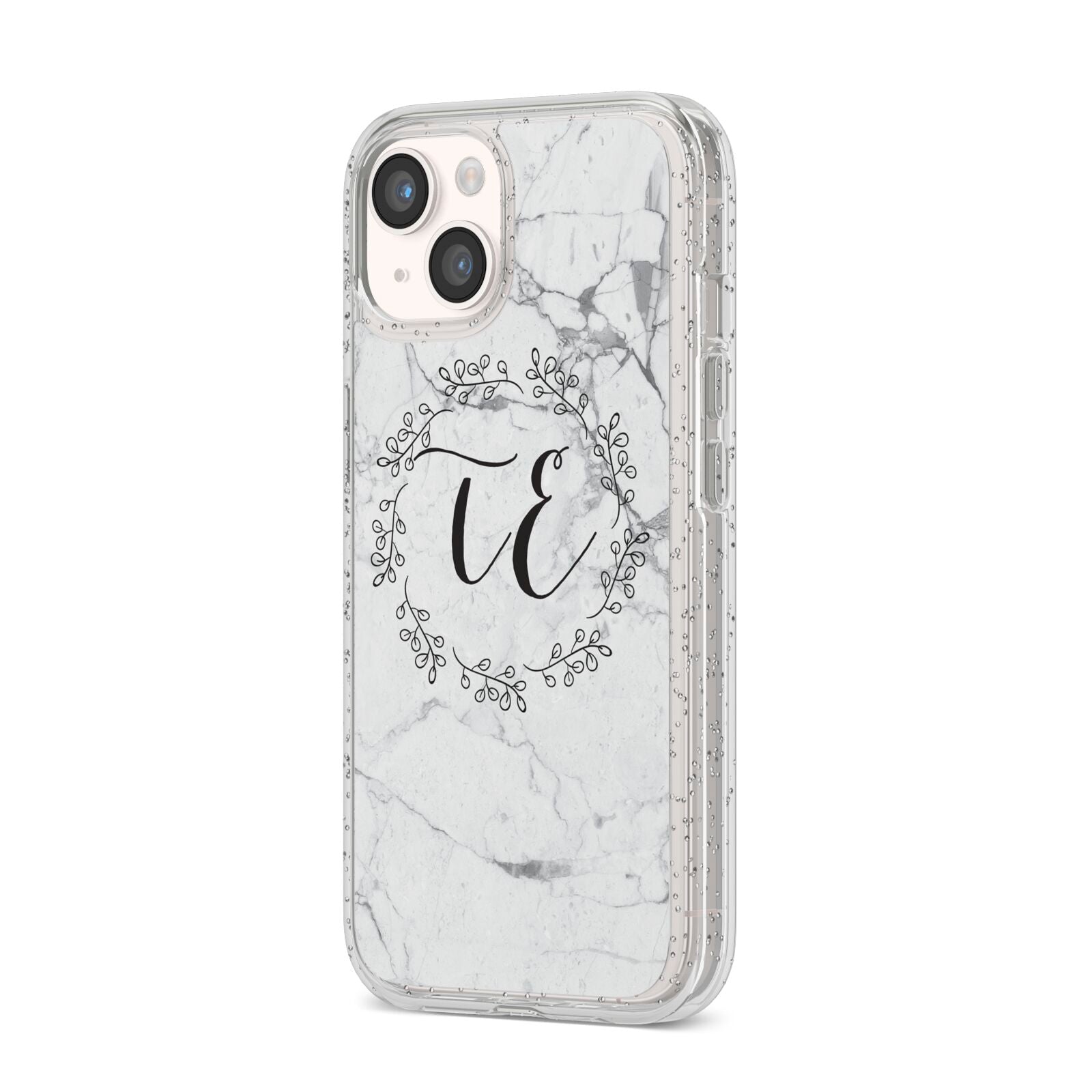 Personalised Initials Marble iPhone 14 Glitter Tough Case Starlight Angled Image