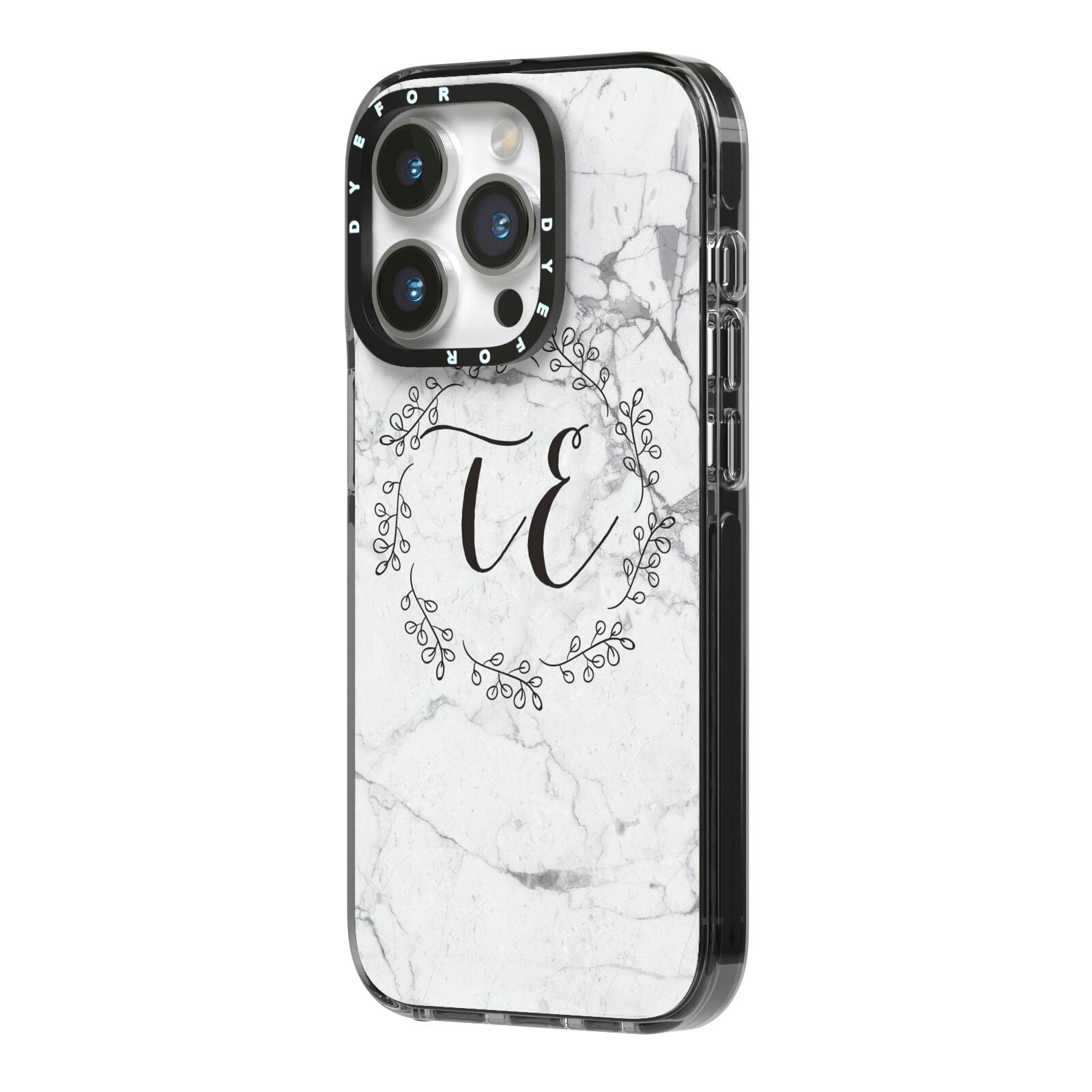 Personalised Initials Marble iPhone 14 Pro Black Impact Case Side Angle on Silver phone
