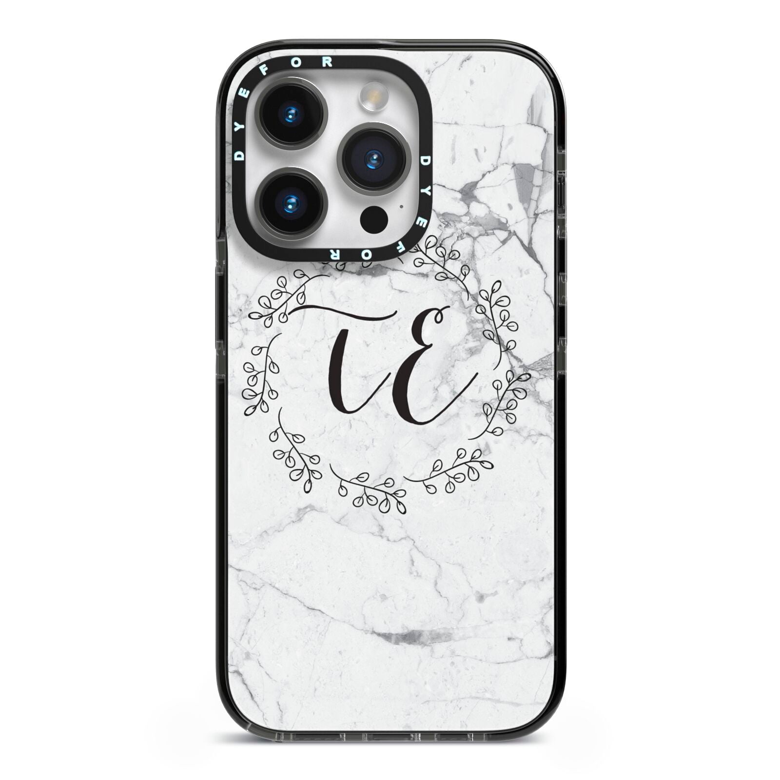 Personalised Initials Marble iPhone 14 Pro Black Impact Case on Silver phone