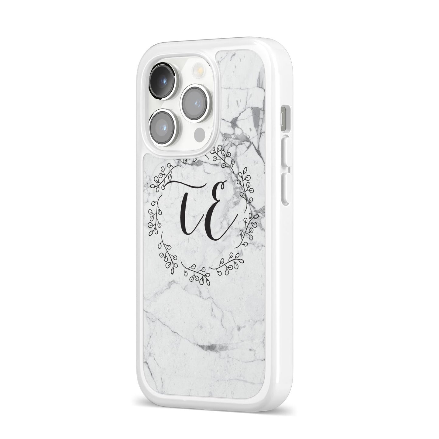 Personalised Initials Marble iPhone 14 Pro Clear Tough Case Silver Angled Image