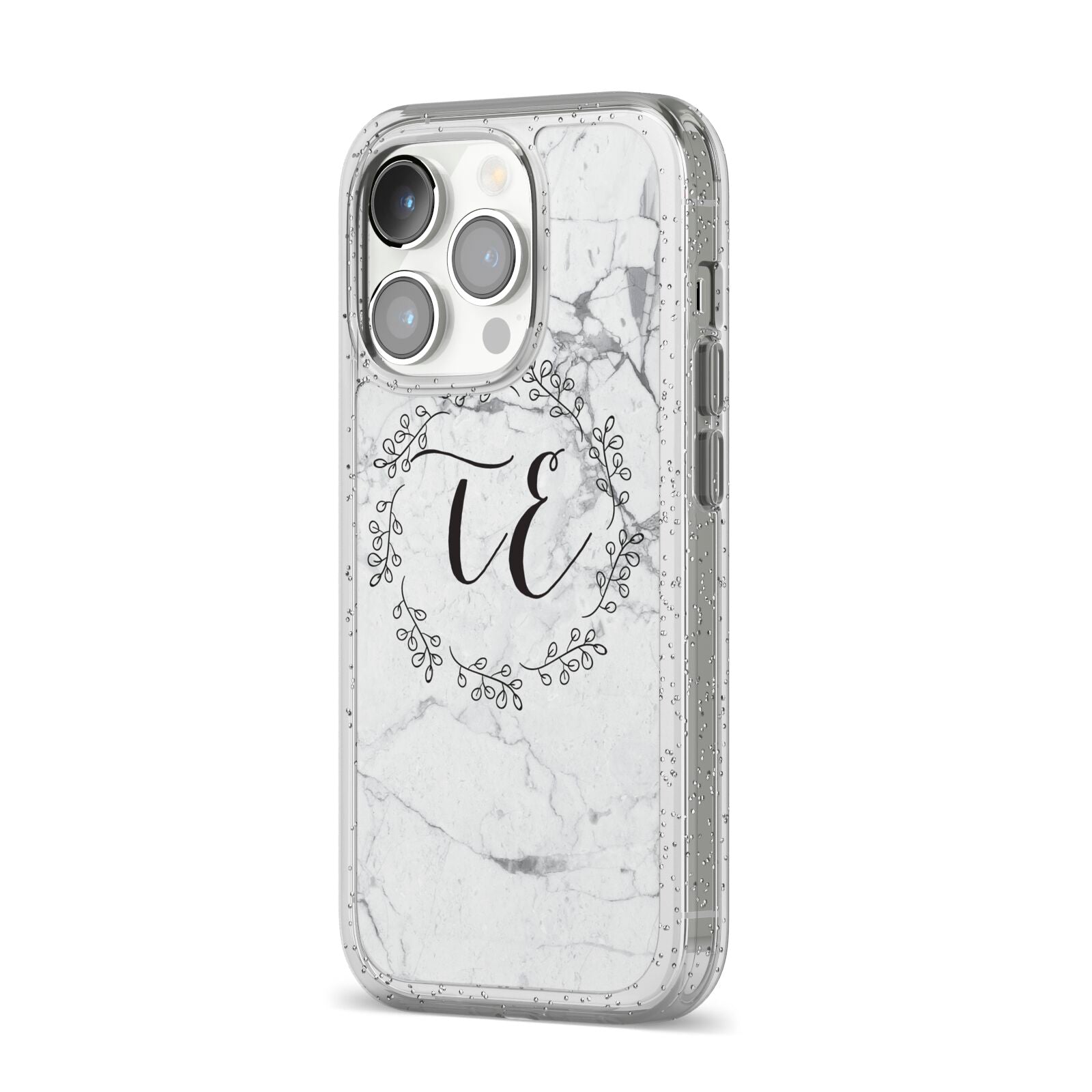 Personalised Initials Marble iPhone 14 Pro Glitter Tough Case Silver Angled Image
