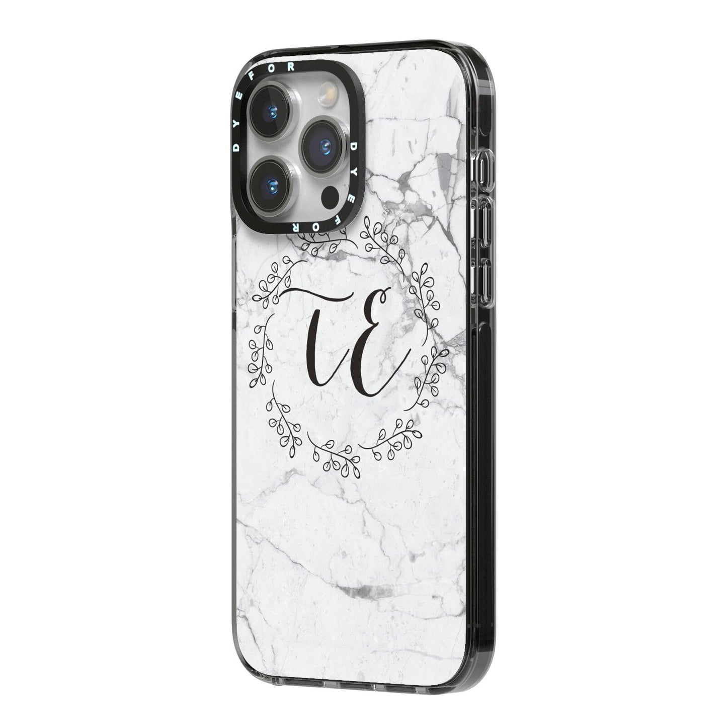 Personalised Initials Marble iPhone 14 Pro Max Black Impact Case Side Angle on Silver phone
