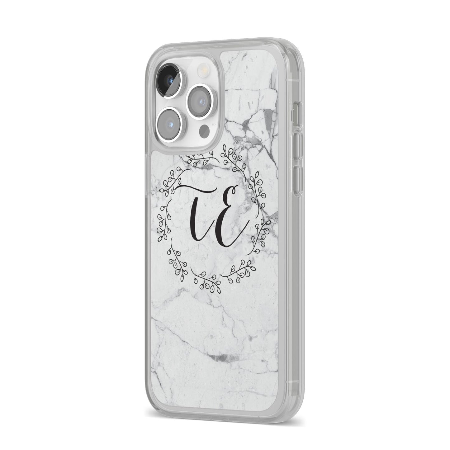 Personalised Initials Marble iPhone 14 Pro Max Clear Tough Case Silver Angled Image
