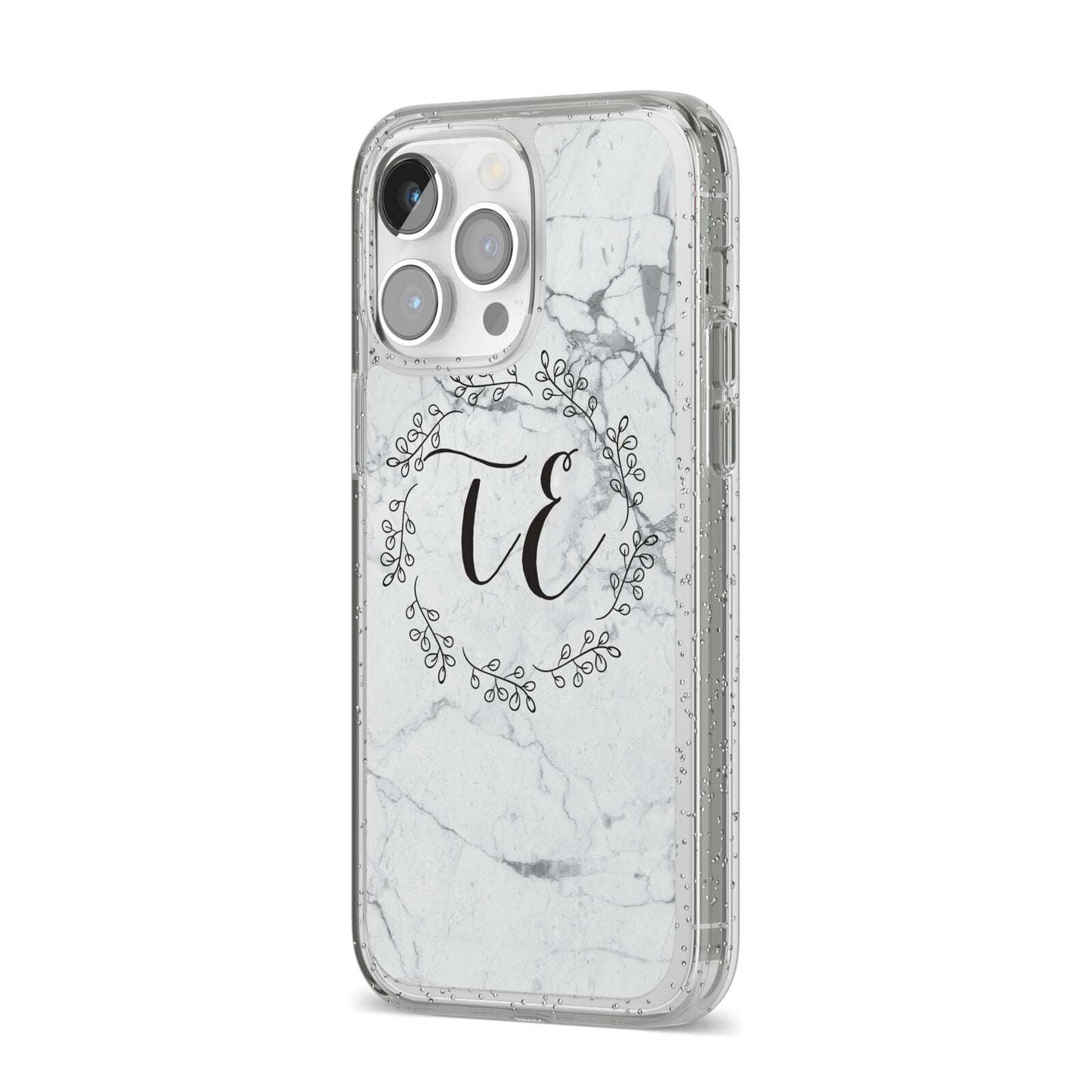 Personalised Initials Marble iPhone 14 Pro Max Glitter Tough Case Silver Angled Image