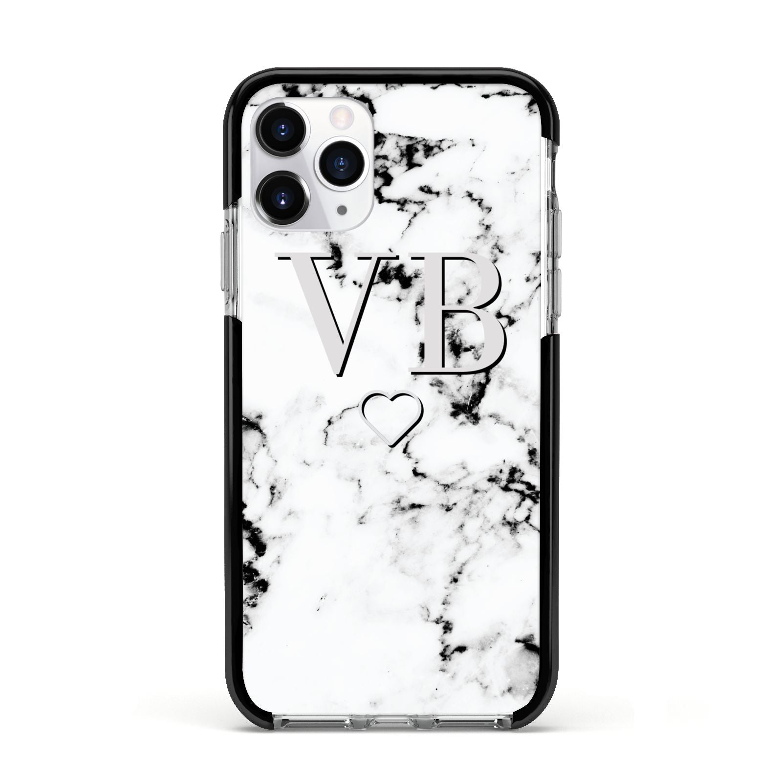 Personalised Initials Outline Heart Marble Apple iPhone 11 Pro in Silver with Black Impact Case