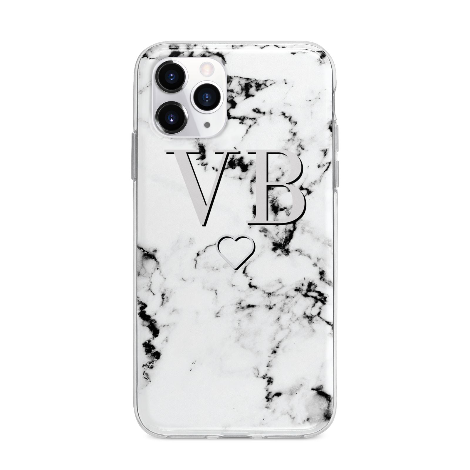 Personalised Initials Outline Heart Marble Apple iPhone 11 Pro in Silver with Bumper Case