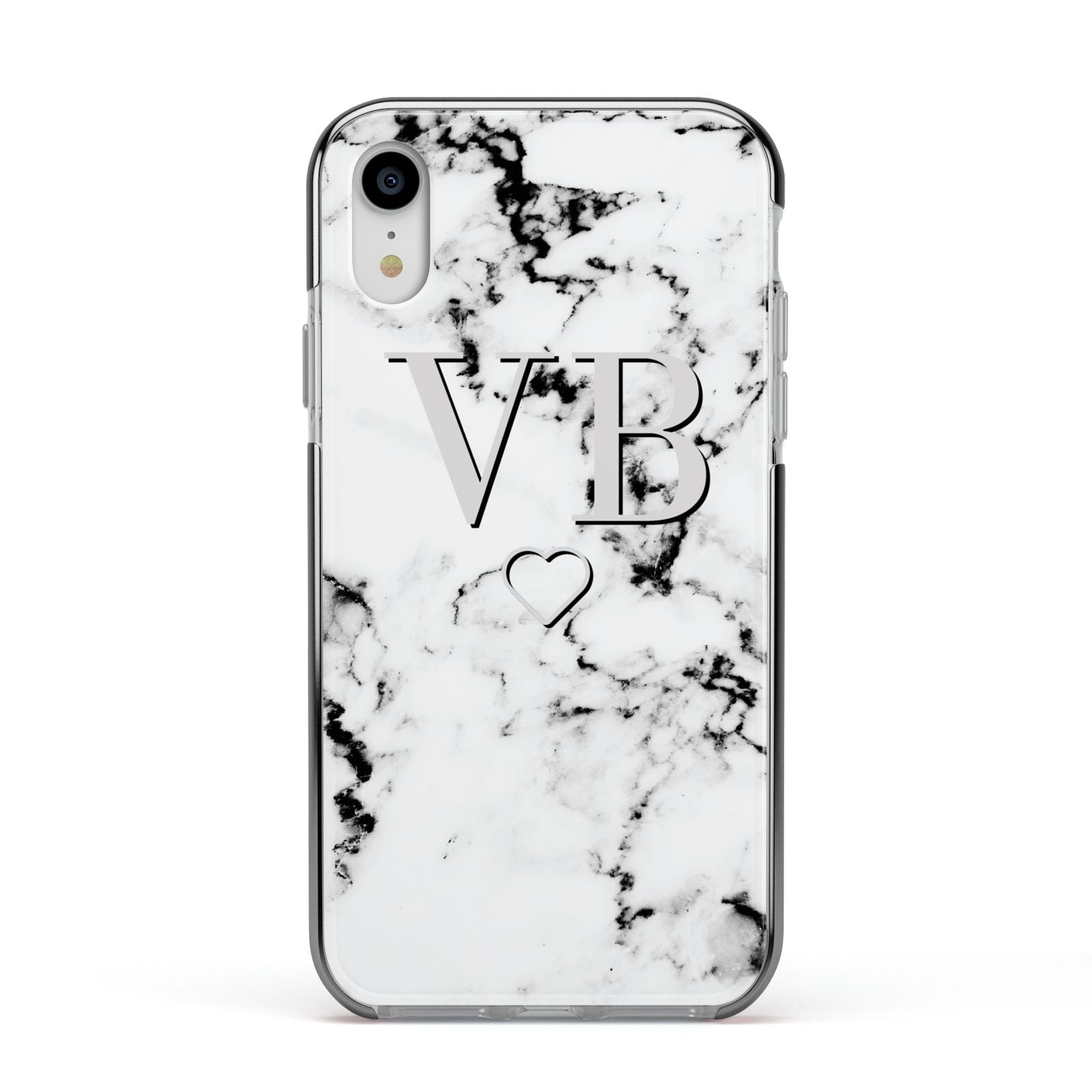Personalised Initials Outline Heart Marble Apple iPhone XR Impact Case Black Edge on Silver Phone