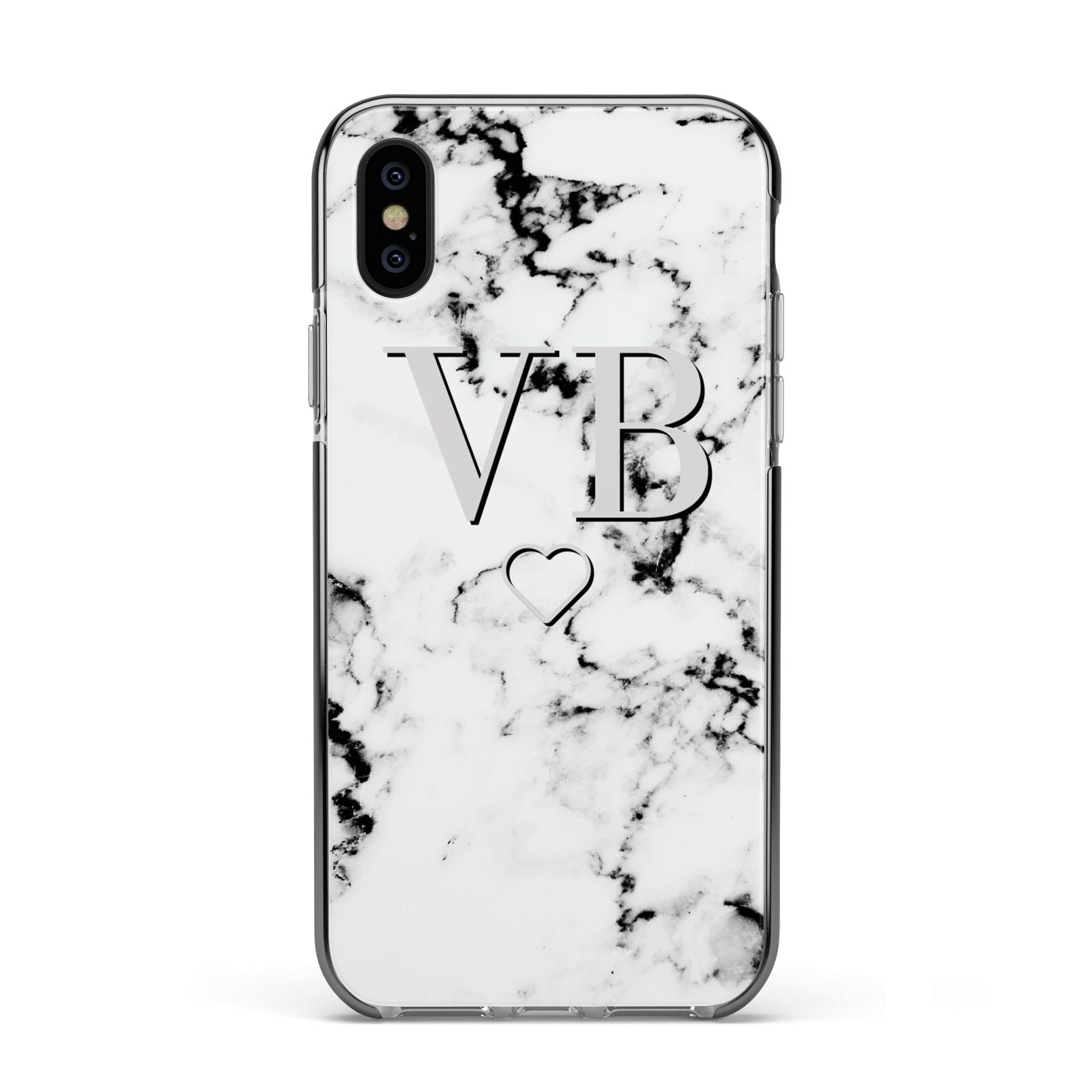Personalised Initials Outline Heart Marble Apple iPhone Xs Impact Case Black Edge on Black Phone