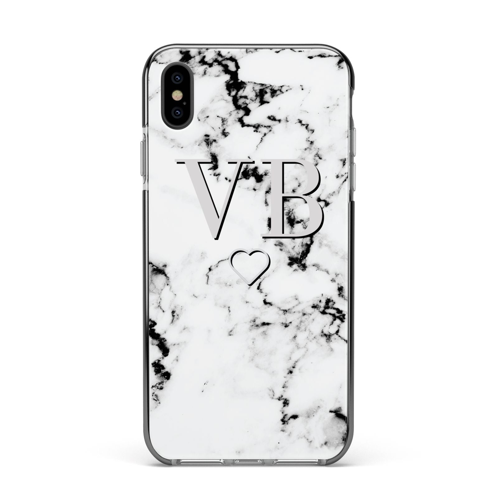 Personalised Initials Outline Heart Marble Apple iPhone Xs Max Impact Case Black Edge on Black Phone