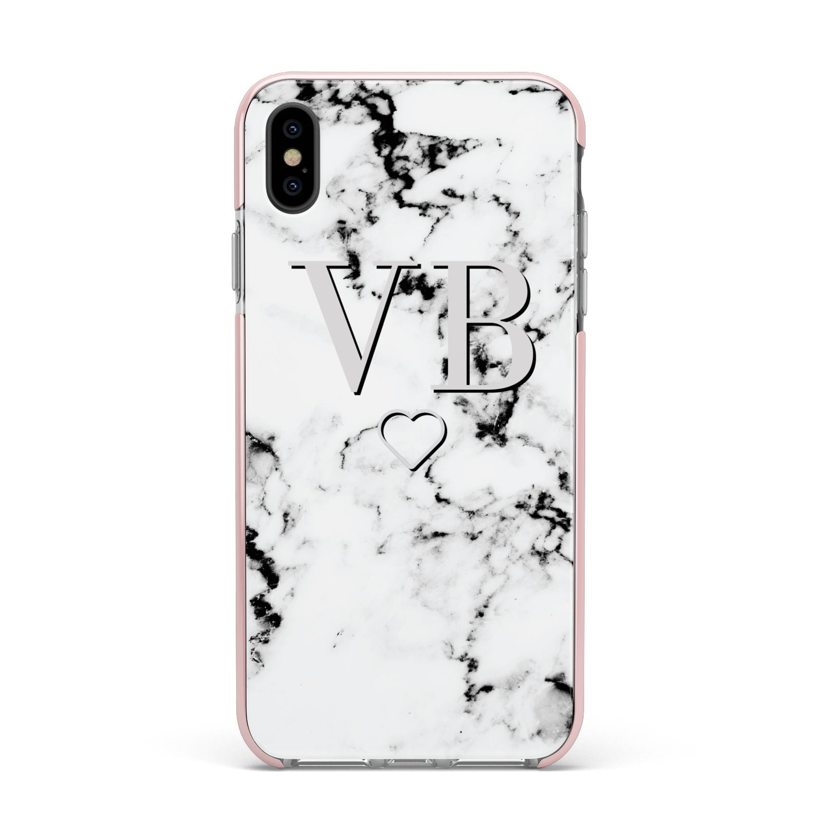 Personalised Initials Outline Heart Marble Apple iPhone Xs Max Impact Case Pink Edge on Black Phone