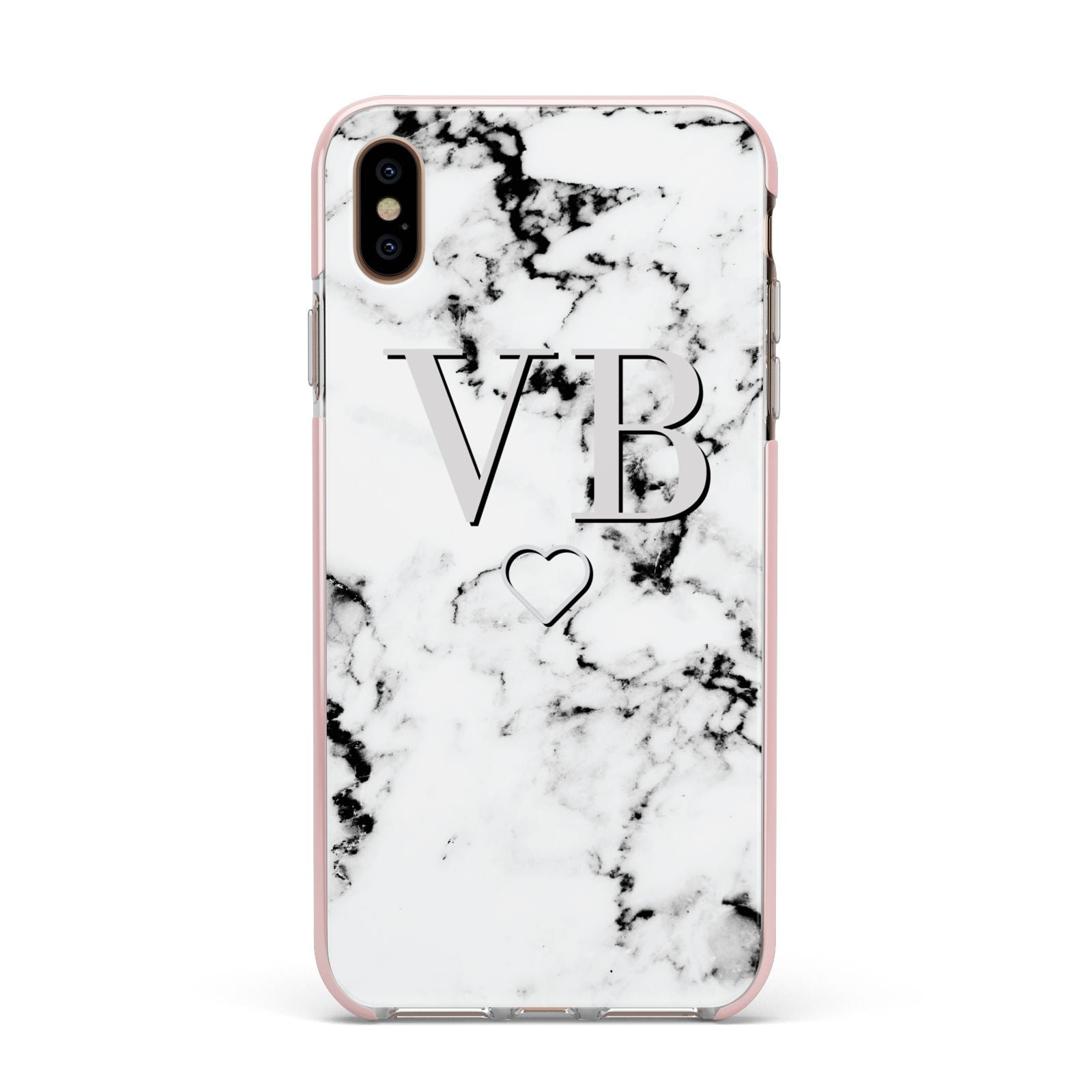 Personalised Initials Outline Heart Marble Apple iPhone Xs Max Impact Case Pink Edge on Gold Phone