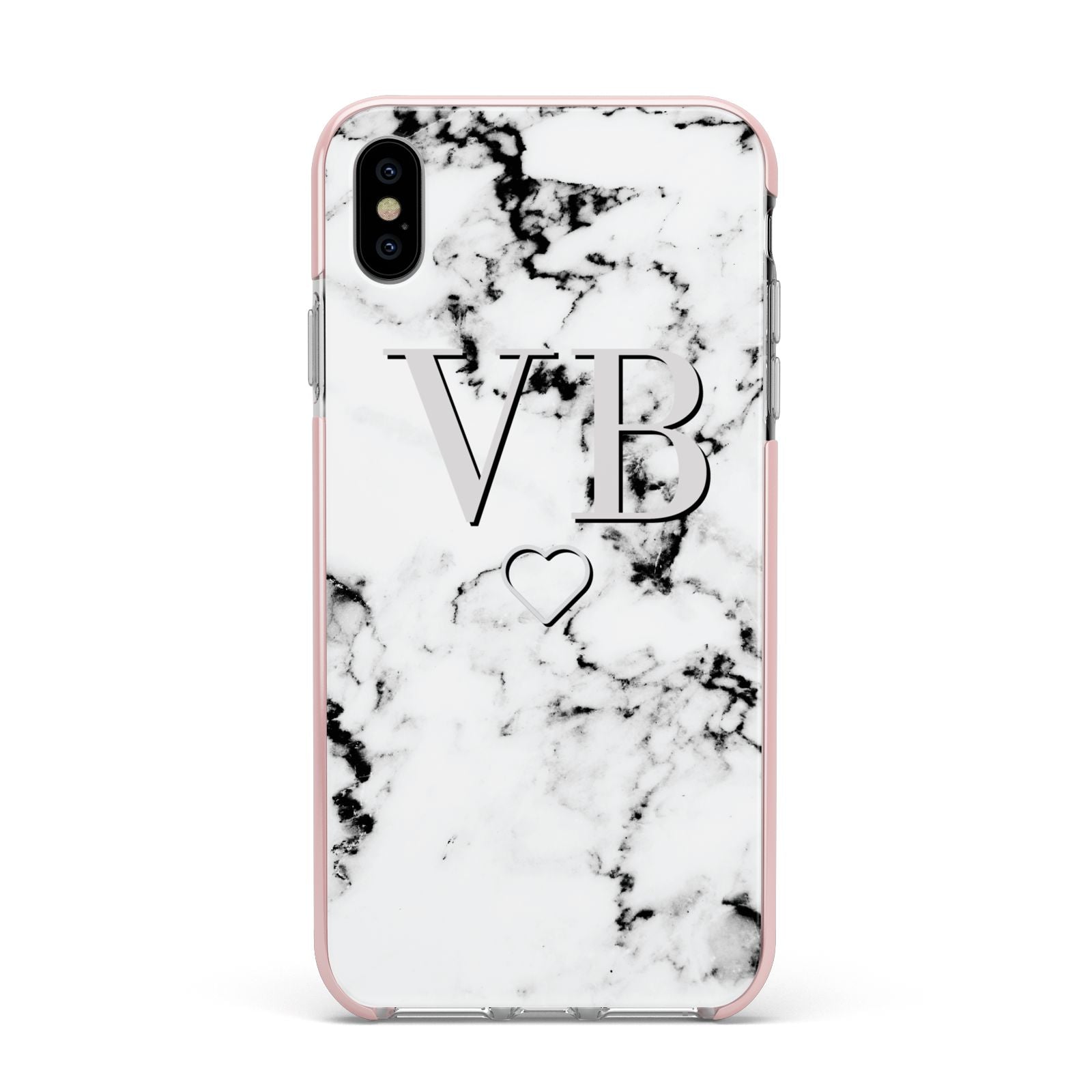 Personalised Initials Outline Heart Marble Apple iPhone Xs Max Impact Case Pink Edge on Silver Phone