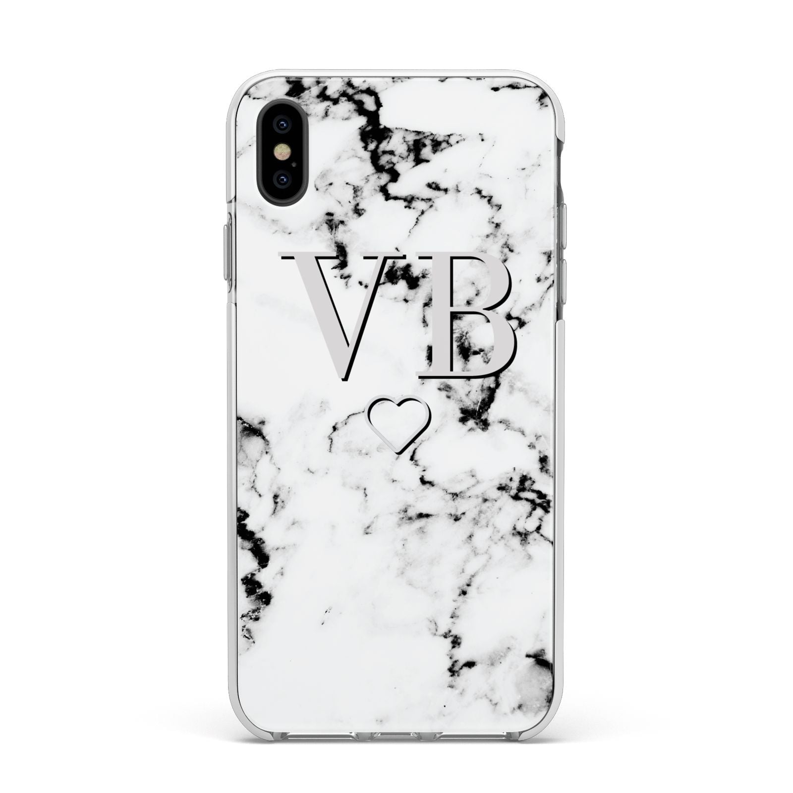 Personalised Initials Outline Heart Marble Apple iPhone Xs Max Impact Case White Edge on Black Phone