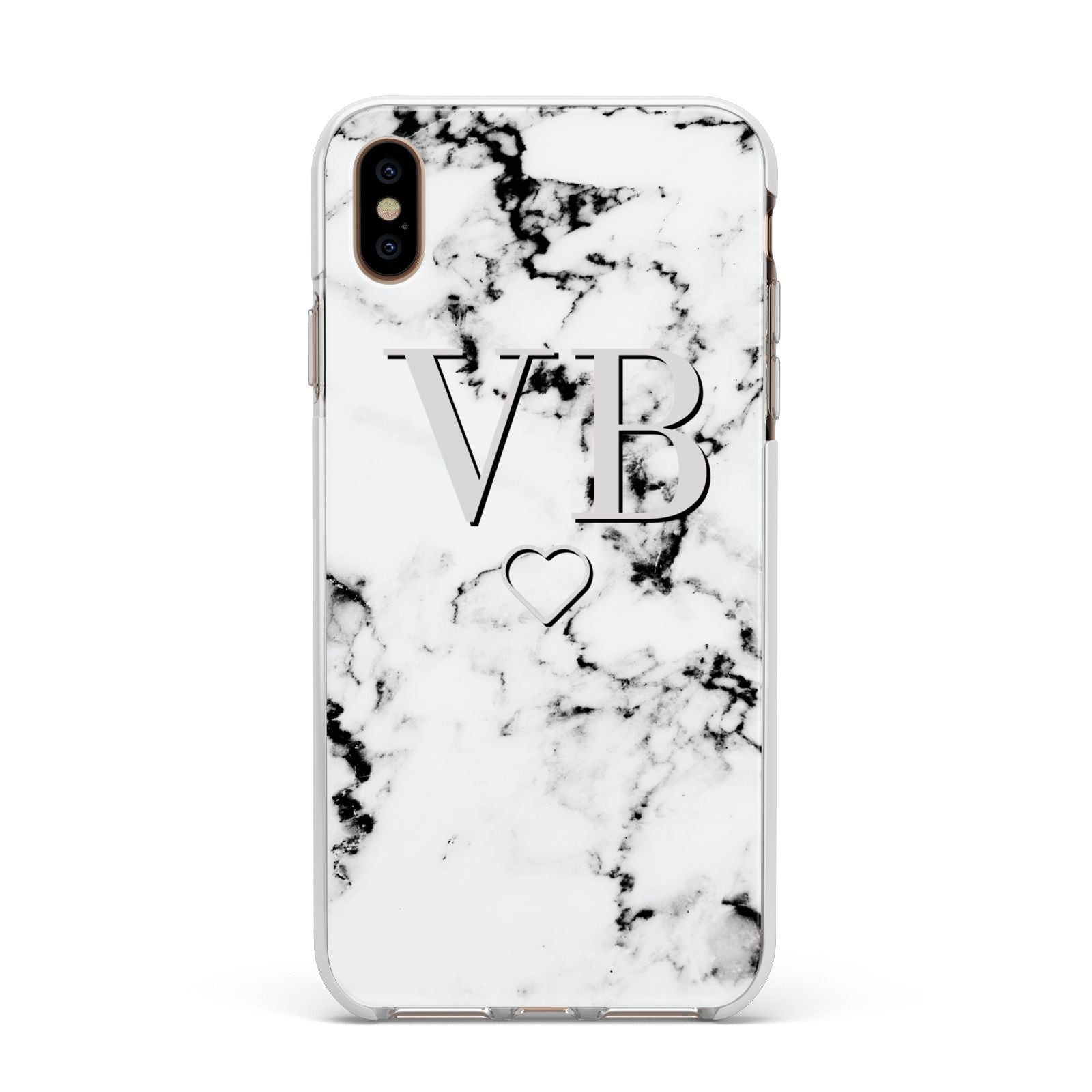 Personalised Initials Outline Heart Marble Apple iPhone Xs Max Impact Case White Edge on Gold Phone