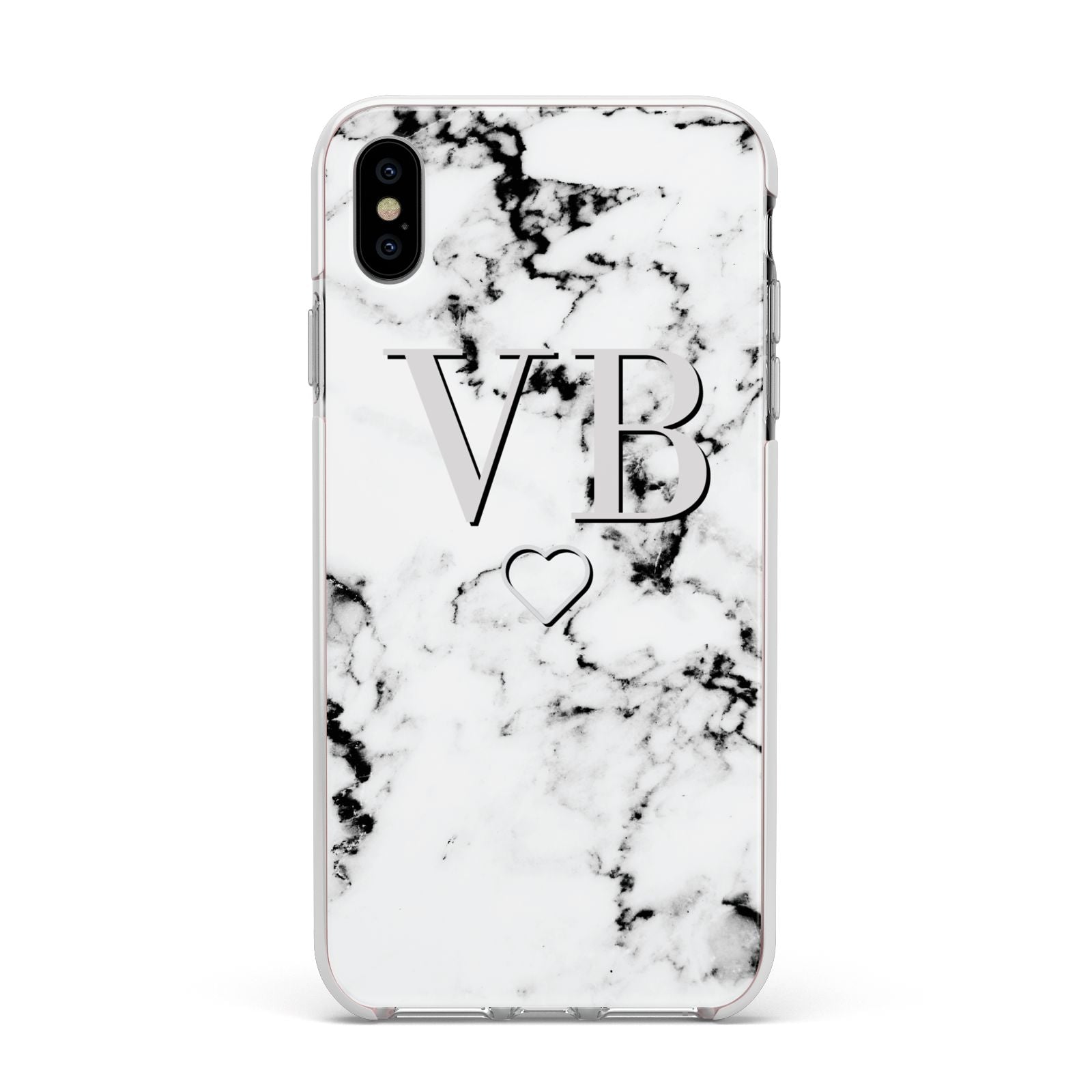 Personalised Initials Outline Heart Marble Apple iPhone Xs Max Impact Case White Edge on Silver Phone