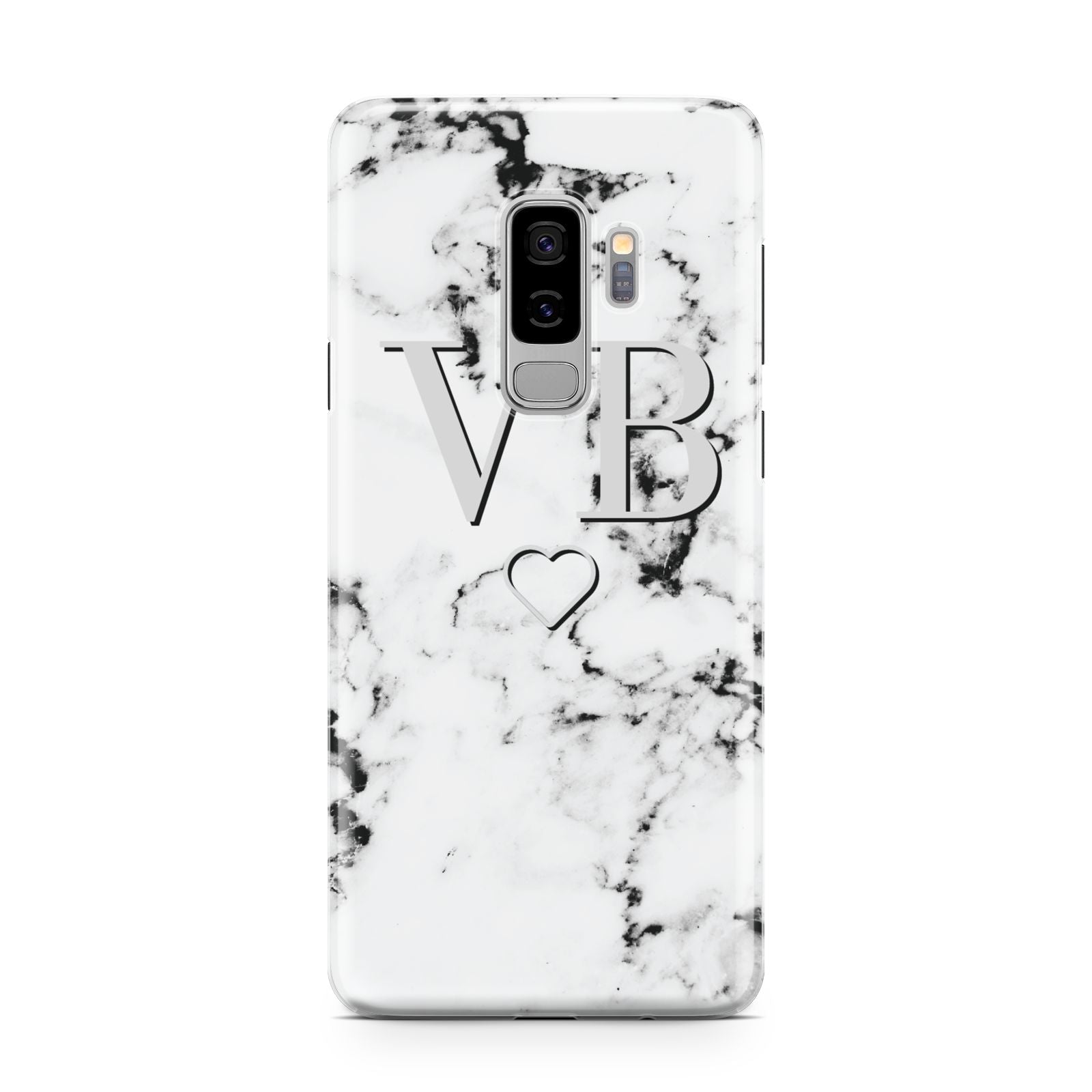 Personalised Initials Outline Heart Marble Samsung Galaxy S9 Plus Case on Silver phone