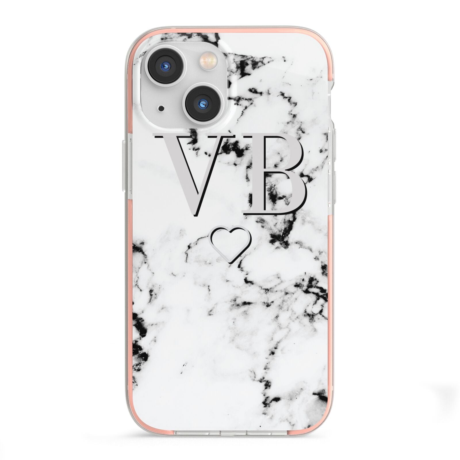 Personalised Initials Outline Heart Marble iPhone 13 Mini TPU Impact Case with Pink Edges