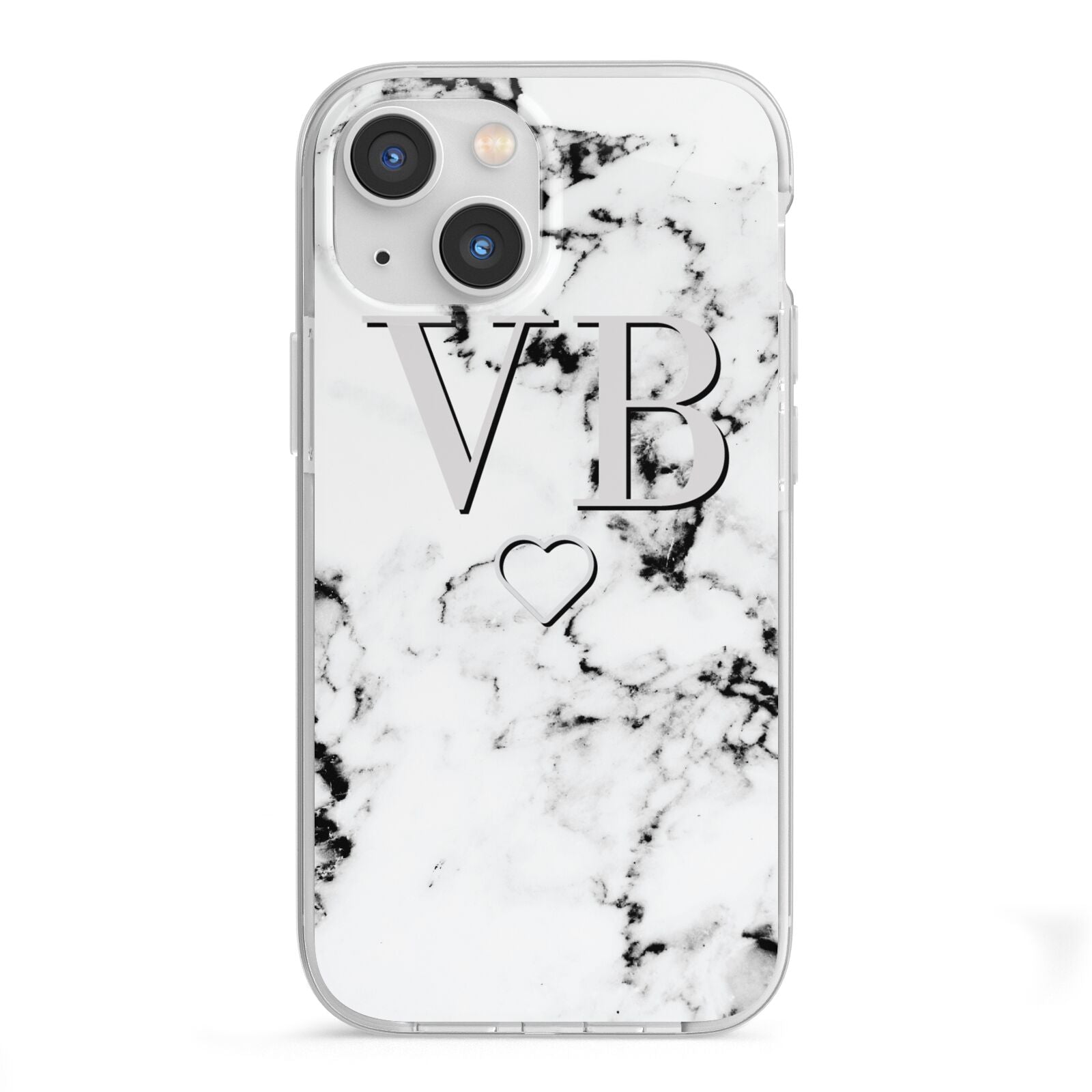 Personalised Initials Outline Heart Marble iPhone 13 Mini TPU Impact Case with White Edges
