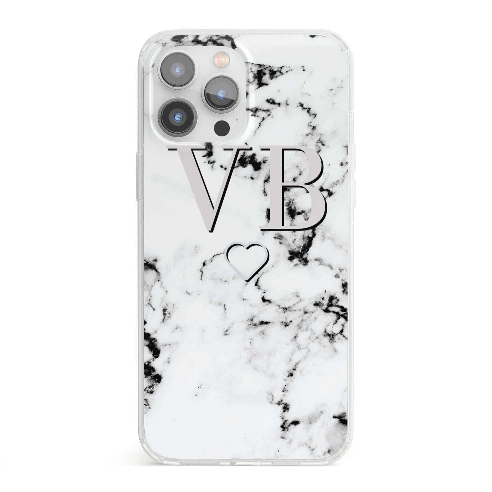 Personalised Initials Outline Heart Marble iPhone 13 Pro Max Clear Bumper Case