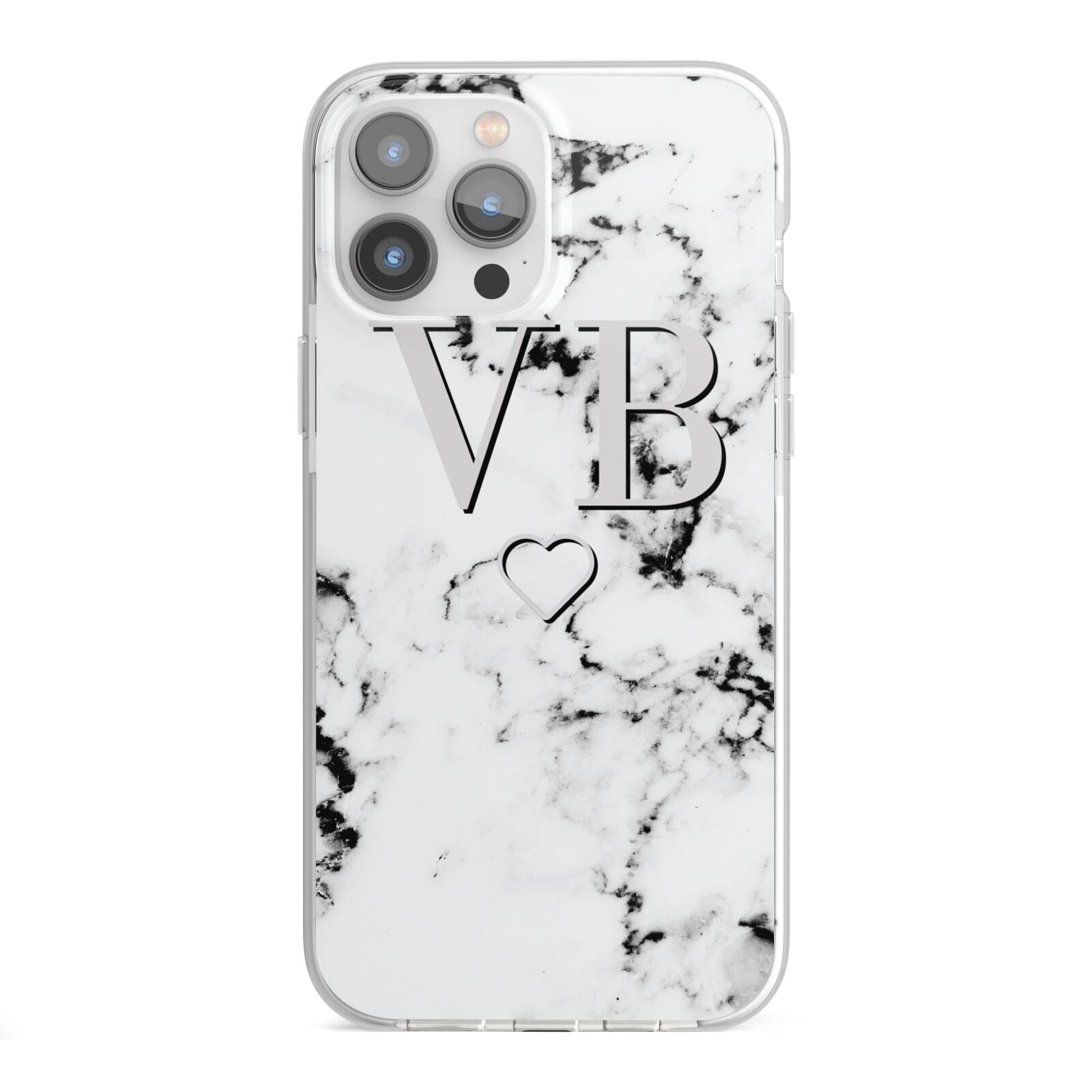Personalised Initials Outline Heart Marble iPhone 13 Pro Max TPU Impact Case with White Edges