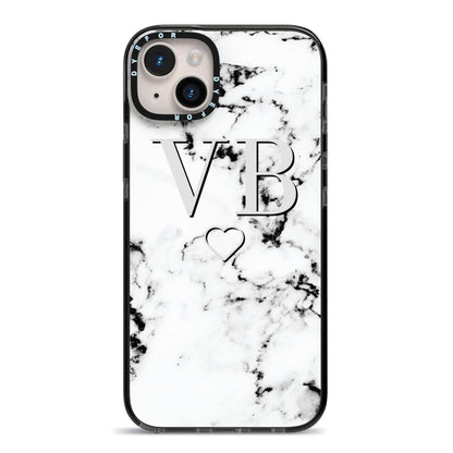 Personalised Initials Outline Heart Marble iPhone 14 Plus Black Impact Case on Silver phone