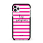 Personalised Initials Pink Striped Apple iPhone 11 Pro Max in Silver with Black Impact Case