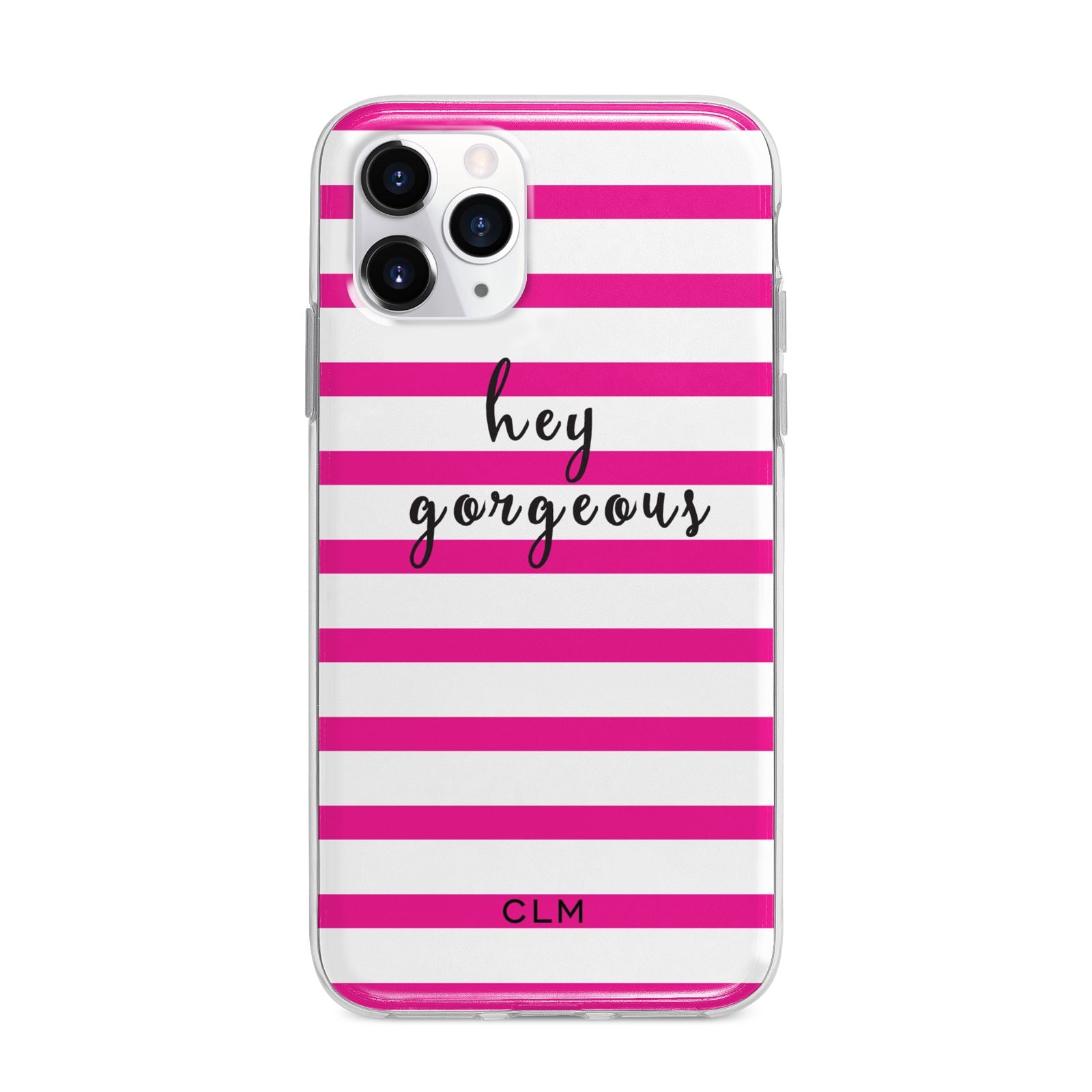 Personalised Initials Pink Striped Apple iPhone 11 Pro Max in Silver with Bumper Case